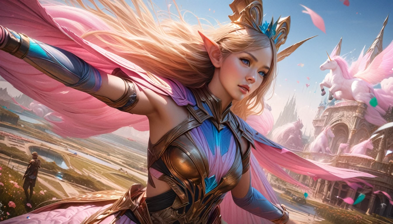 (Extreme complexity, two subjects)(subject 1: cryptic girl, blonde, high tech suit) (subject 2: elf companion, high fantasy regal outfit, very big eyes and ears) riding cotton candy pink unicorns, blue prairie, ethereal, fantasy, magical realism, highly detailed, 8k, cinematic lighting, vibrant colors, dramatic composition, intricate details, imaginative, cinematic perspective, surreal, dreamlike, whimsical, beautiful, magical, (best quality,4k,8k,highres,masterpiece:1.2),ultra-detailed,(realistic,photorealistic,photo-realistic:1.37)