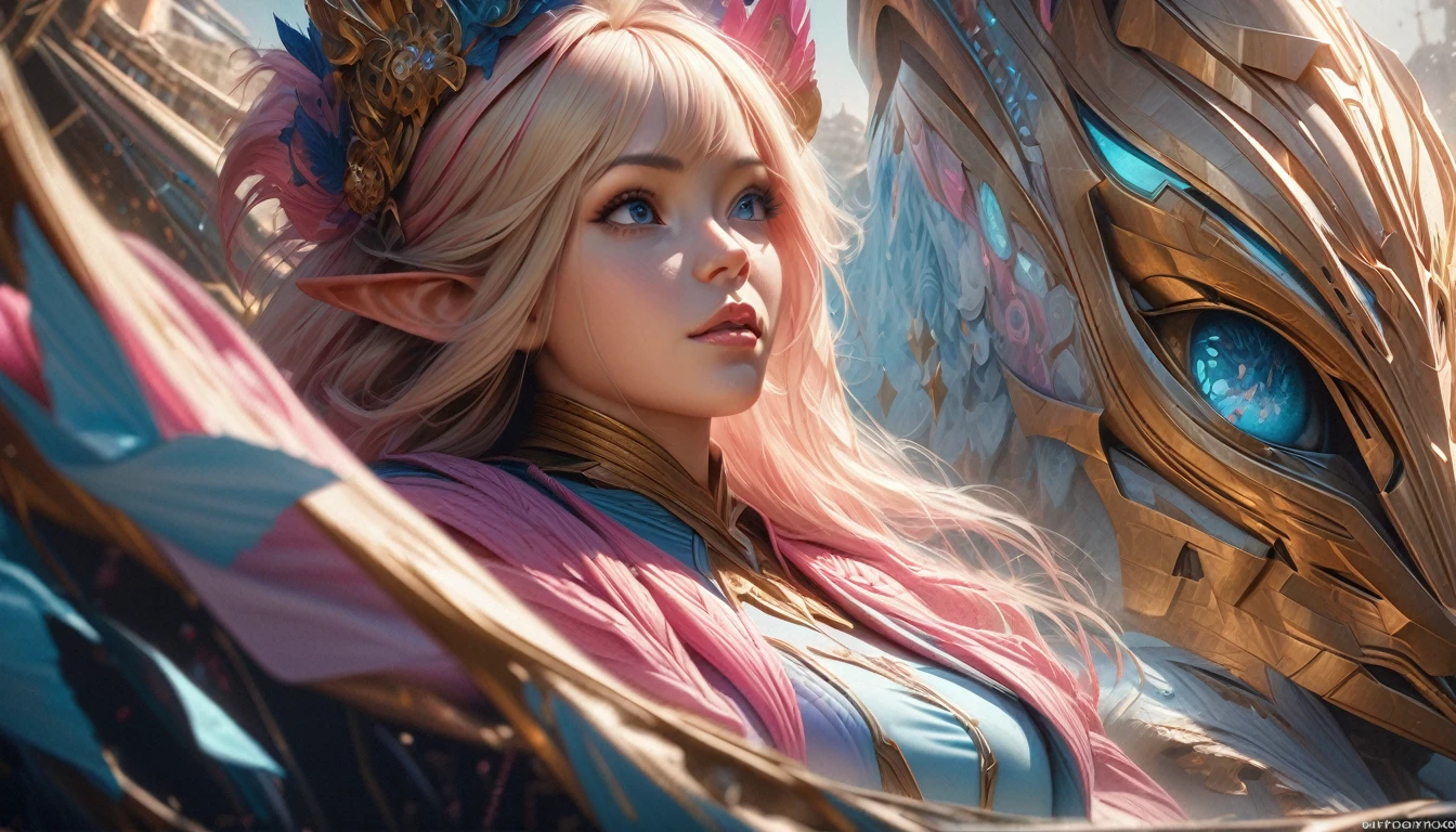 (Extreme complexity, two subjects)(subject 1: cryptic girl, blonde, high tech suit) (subject 2: elf companion, high fantasy regal outfit, very big eyes and ears) riding cotton candy pink unicorns, blue prairie, ethereal, fantasy, magical realism, highly detailed, 8k, cinematic lighting, vibrant colors, dramatic composition, intricate details, imaginative, cinematic perspective, surreal, dreamlike, whimsical, beautiful, magical, (best quality,4k,8k,highres,masterpiece:1.2),ultra-detailed,(realistic,photorealistic,photo-realistic:1.37)