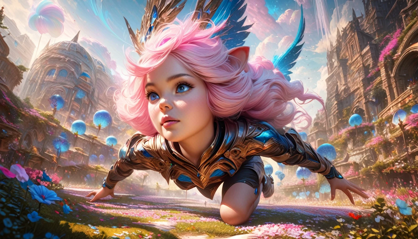 (Extreme complexity, two subjects)(subject 1: cryptic girl, blonde, high tech suit) (subject 2: elf companion, high fantasy regal outfit, very big eyes and ears) riding cotton candy pink unicorns, blue prairie, ethereal, fantasy, magical realism, highly detailed, 8k, cinematic lighting, vibrant colors, dramatic composition, intricate details, imaginative, cinematic perspective, surreal, dreamlike, whimsical, beautiful, magical, (best quality,4k,8k,highres,masterpiece:1.2),ultra-detailed,(realistic,photorealistic,photo-realistic:1.37)