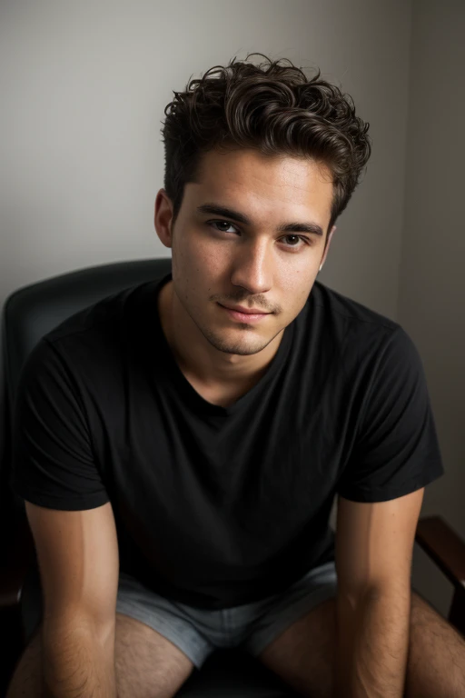 ((1 guy)) white guy wearing a black shirt, manly (sitting on a chair in a formal way, with his body forward and looking at the camera as if he were participating in an online meeting), very detailed, 18 years old , natural wave hair, brown eyes, ((short facial hair)), high resolution, Artwork, best quality, intricate details, highly detailed, sharp focus, detailed skin, realistic skin texture, texture, detailed eyes, Professional, 4k, Shot on Canon, 85mm, Shallow Depth of Field, Kodak Vision Color, Perfectly Shaped Body, Extremely Detailed, Photo_\(Ultra\), Photorealistic, Realistic, Post Processing, Maximum Detail, Roughness, Real Life, Ultra realistic, photorealism, photography, 8k HD, photography (film grain) ((medium shot atmospheric dark lighting))