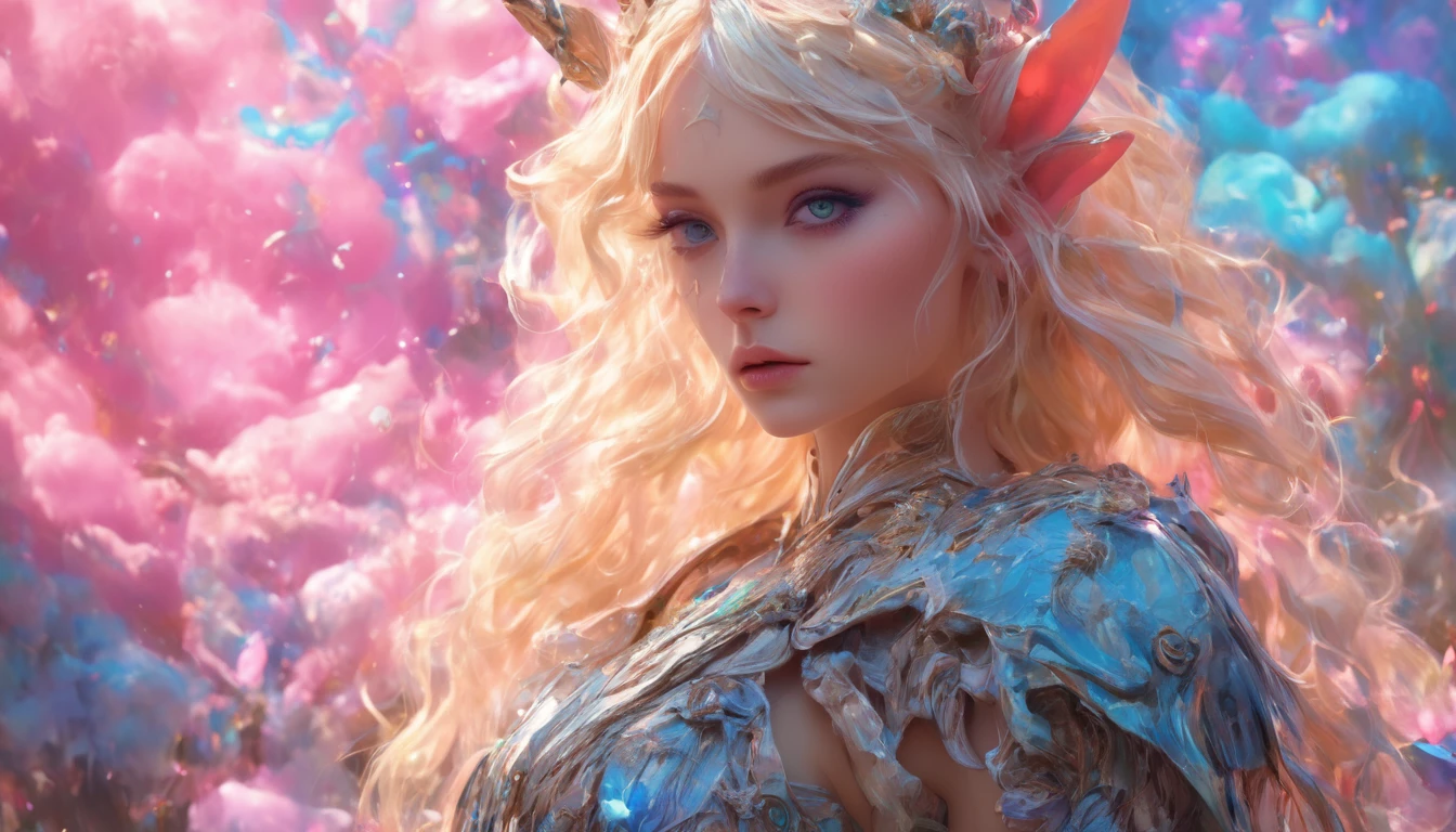 (Extreme complexity, two subjects)(subject 1: cryptic girl, blonde, high tech suit) (subject 2: elf companion, high fantasy regal outfit, very big eyes and ears) riding cotton candy pink unicorns, blue prairie, ethereal, fantasy, magical realism, highly detailed, 8k, cinematic lighting, vibrant colors, dramatic composition, intricate details, imaginative, cinematic perspective, surreal, dreamlike, whimsical, beautiful, magical, (best quality,4k,8k,highres,masterpiece:1.2),ultra-detailed,(realistic,photorealistic,photo-realistic:1.37)