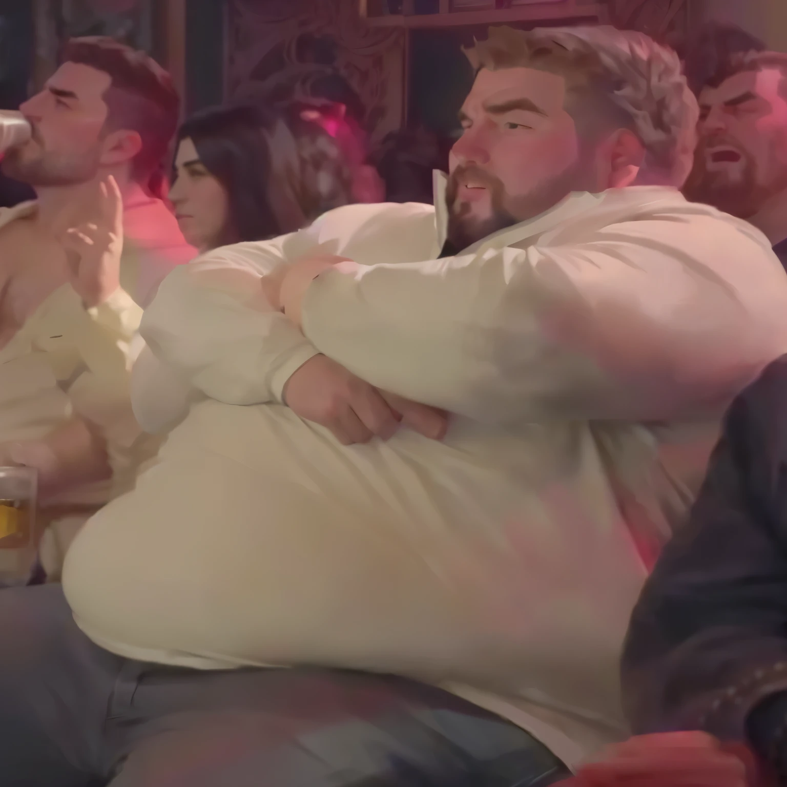 several people sitting in a room with a man holding a beer, Chris Evans con barriga cervecera, incredibly inflated hips, Ryan Reynolds con un traje gordo, biggest haunches ever seen, su vientre es gordo y redondo, vientre hinchable, feliz sabio. he has vientre hinchable, dad bod, Peter Griffin en la vida real, Vientre gordo, Big Stomach, grueso, Gran panza