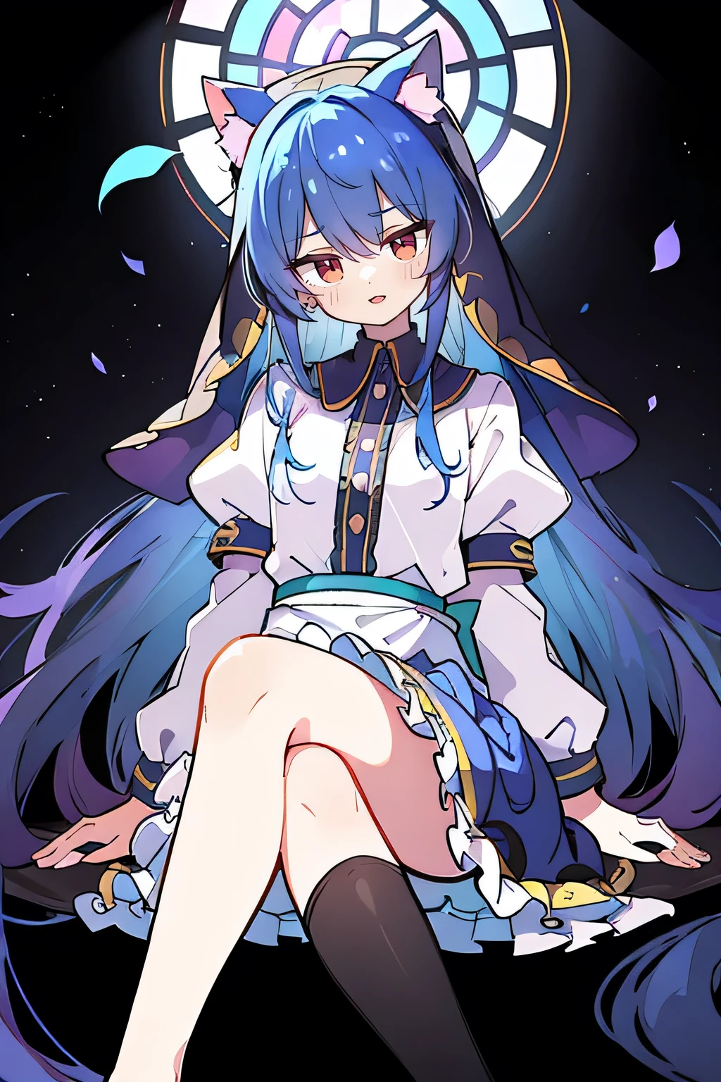 (masterpiece:1.2),Extremely detailed,Practical,expressive eyes,Fair skin,Perfect face shaping,1 Girl,
Japanese cartoons,Gorgeous blue hair, the long flowing blue hair,Floating clothes,Cat ears,Petals fall,beautiful lola,Young Angel,
Place your hands on your waist,sit elegantly on the ground,Cross your legs,Gentle and peaceful background,stately church,nun.