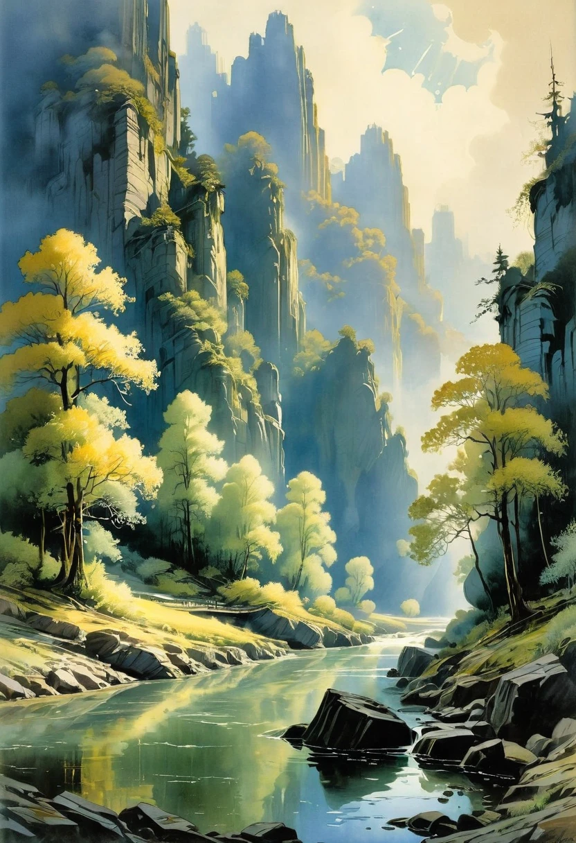 Watercolor Landscape, by Hugh Ferriss, best quality, masterpiece, very aesthetic, perfect composition, intricate details, ultra-detailed