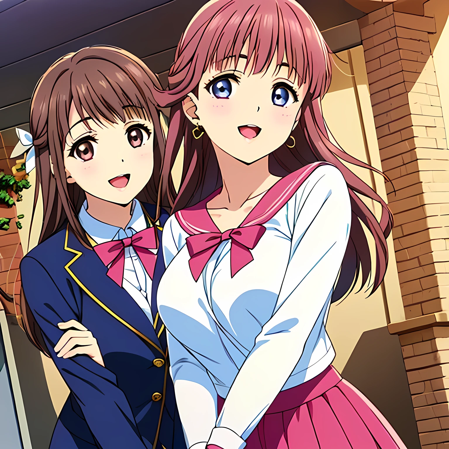 highest quality, (masterpiece:1.2), Very detailed, (((Game CG))), ((((The succubi, who look like very noble and elegant young ladies, are wearing pink school sailor uniforms.)))), ((The girl everyone loves)), (((Very beautiful, flaxen, wavy, long hair))), ((((A neat and tidy sailor suit in peach and pink)))), (((Pink blouse))), ((((A neat, deep pink long pleated skirt)))), ((Her eyes are so beautiful and sparkling, they seem so dazzling.)), ((Huge ribbon bowtie on chest)), ((A refined and elegant look like a noble princess)), (((Beautiful and great smile))), ((The viewers feel a different level of happiness.)), ((Very noble and elegant face)), ((Slender and shapely breasts)), ((laughing at me)), Heart-shaped gold hair ornament and earrings, ((The elegant, slightly open mouth and glossy lips of an anime heroine)), ((The palace at the bottom of the dungeon))