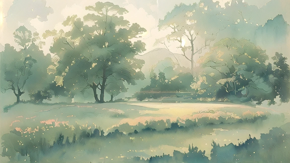 A tranquil watercolor landscape, serene rolling hills, lush green meadows, scattered trees, wispy clouds in a blue sky, sunlit meadow, vibrant colors, soft textures, impressionistic style, atmospheric lighting, natural beauty, detailed foliage, painterly brushstrokes, calming scenery, idyllic countryside, (best quality,4k,8k,highres,masterpiece:1.2),ultra-detailed,(realistic,photorealistic,photo-realistic:1.37),landscape,landscape painting,watercolor,impressionism,cinematic lighting,vibrant colors,soft focus,serene