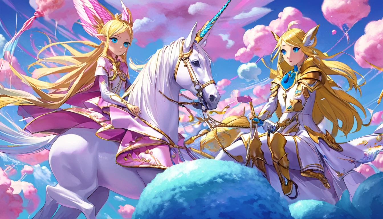 (Extreme complexity, two subjects)(subject 1: cryptic girl, blonde, high tech suit) (subject 2: elf companion, high fantasy regal outfit, very big eyes and ears) riding cotton candy pink unicorns, blue prairie, ethereal, fantasy, magical realism, highly detailed, 8k, cinematic lighting, vibrant colors, dramatic composition, intricate details, imaginative, cinematic perspective, surreal, dreamlike, whimsical, beautiful, magical, (best quality,4k,8k,highres,masterpiece:1.2),ultra-detailed,(realistic,photorealistic,photo-realistic:1.37)