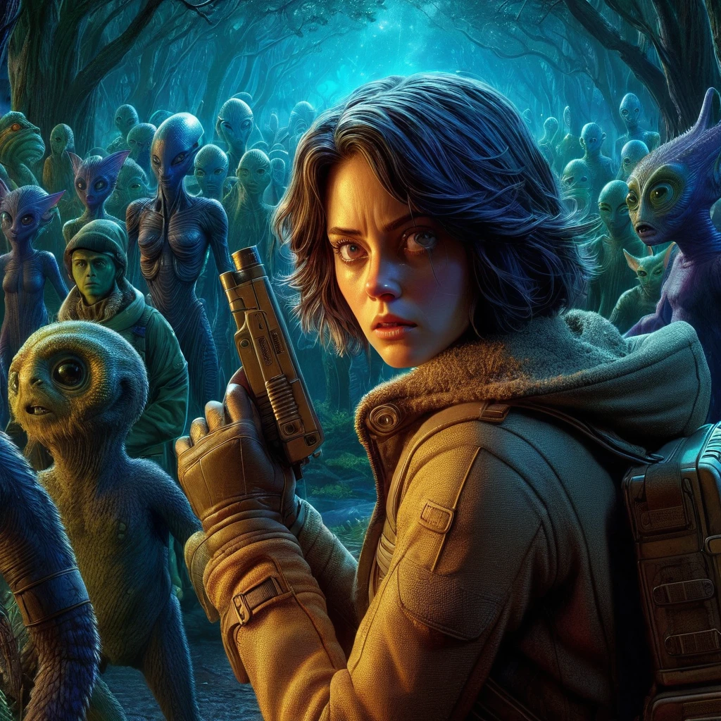A tense and warry Female Intergalactic Courier [Kaya Scodelario:Sigourney Waver:0.45] with an intense and focused expression, hiding in a shade of alien woods, surrounded by seemingly nice and friendly aliens, with insanely intricate details of alien world background, photorealistic color pencil illustration, Don Lawrence Style with Studio Ghibli aesthetic, octane render, ultra high resolution, 8k