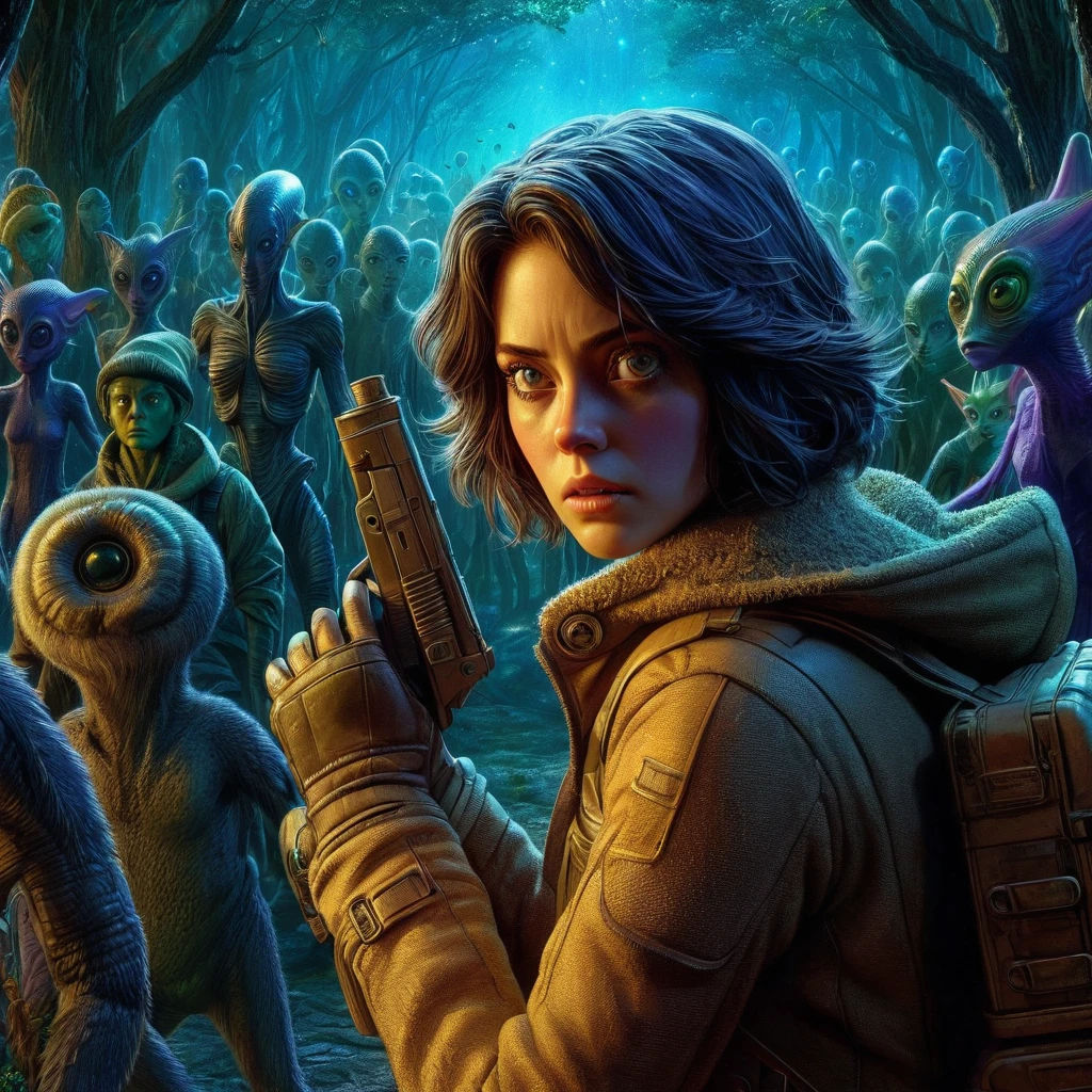 A tense and warry Female Intergalactic Courier [Kaya Scodelario:Sigourney Waver:0.45] with an intense and focused expression, hiding in a shade of alien woods, surrounded by seemingly nice and friendly aliens, with insanely intricate details of alien world background, photorealistic color pencil illustration, Don Lawrence Style with Studio Ghibli aesthetic, octane render, ultra high resolution, 8k
