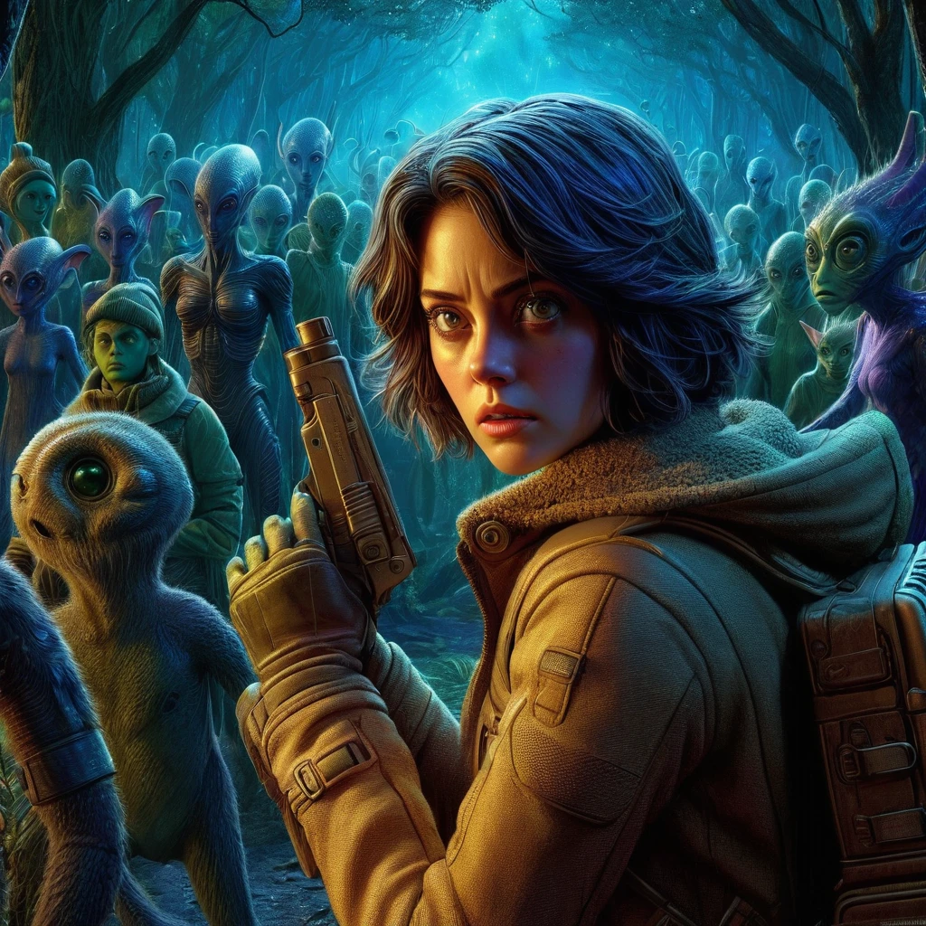 A tense and warry Female Intergalactic Courier [Kaya Scodelario:Sigourney Waver:0.45] with an intense and focused expression, hiding in a shade of alien woods, surrounded by seemingly nice and friendly aliens, with insanely intricate details of alien world background, photorealistic color pencil illustration, Don Lawrence Style with Studio Ghibli aesthetic, octane render, ultra high resolution, 8k