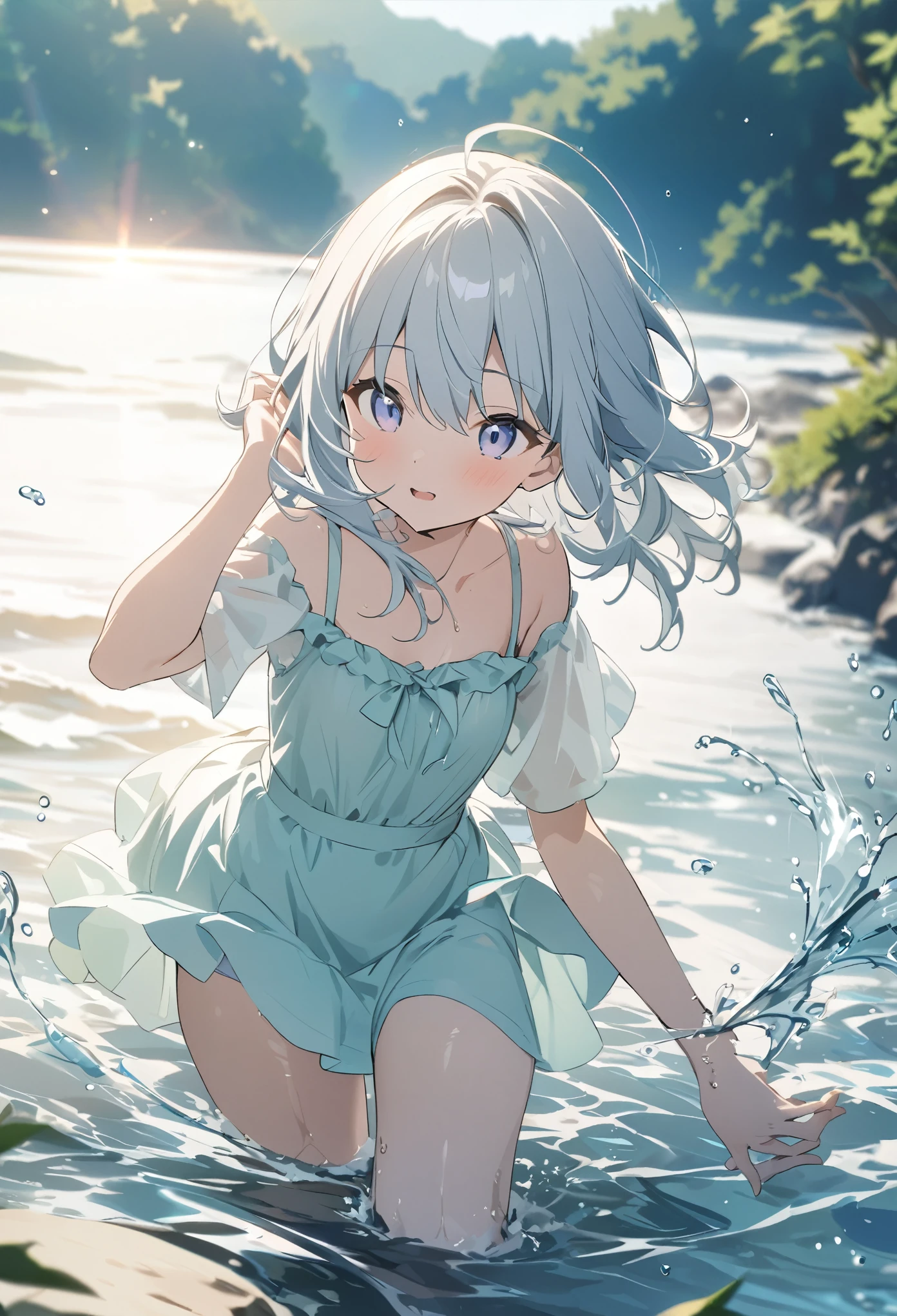 ((style:Pale colors)),(masterpiece:1.2),(anime),Riverside、Water Play、girl、cute、sunlight、summer