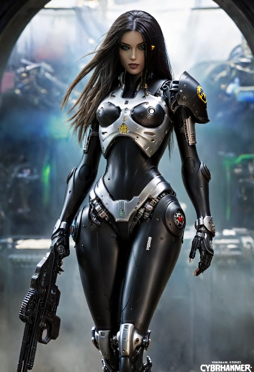 1 , complete body,ultrarealistic skin, short, black bio mechanical torso, black bio cybernetics arms, curved lips, long hair, back bio cybernetics legs, Realistic warhammer 40k background, natural light, 