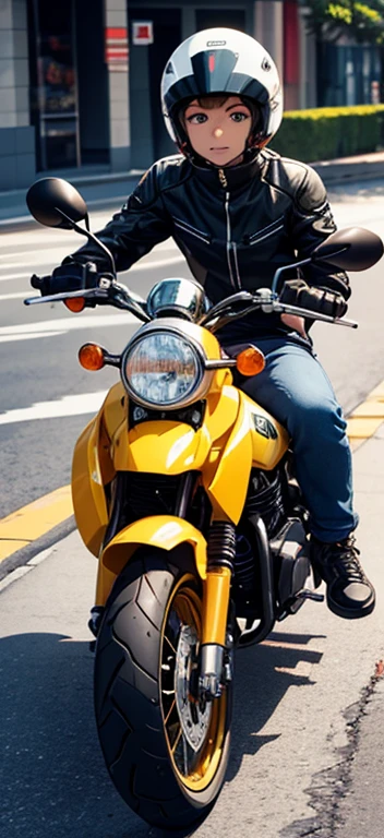 Un patito, con ropa y joyeria de de rapero en motocicleta