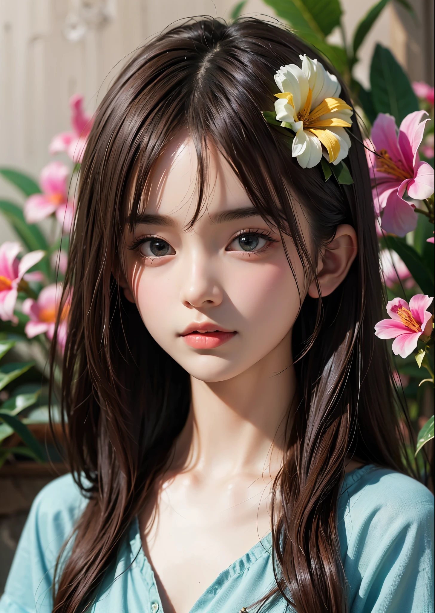 (masterpiece, highest quality, highest quality, Official Art, beautifully、aesthetic:1.2), (1 girl), Big Eyes、Long brown hair with bangs、Very detailed,(Fractal Art:1.3),casual shirt、Most detailed, Background with fractals and details of assorted flowers and tropical plants、