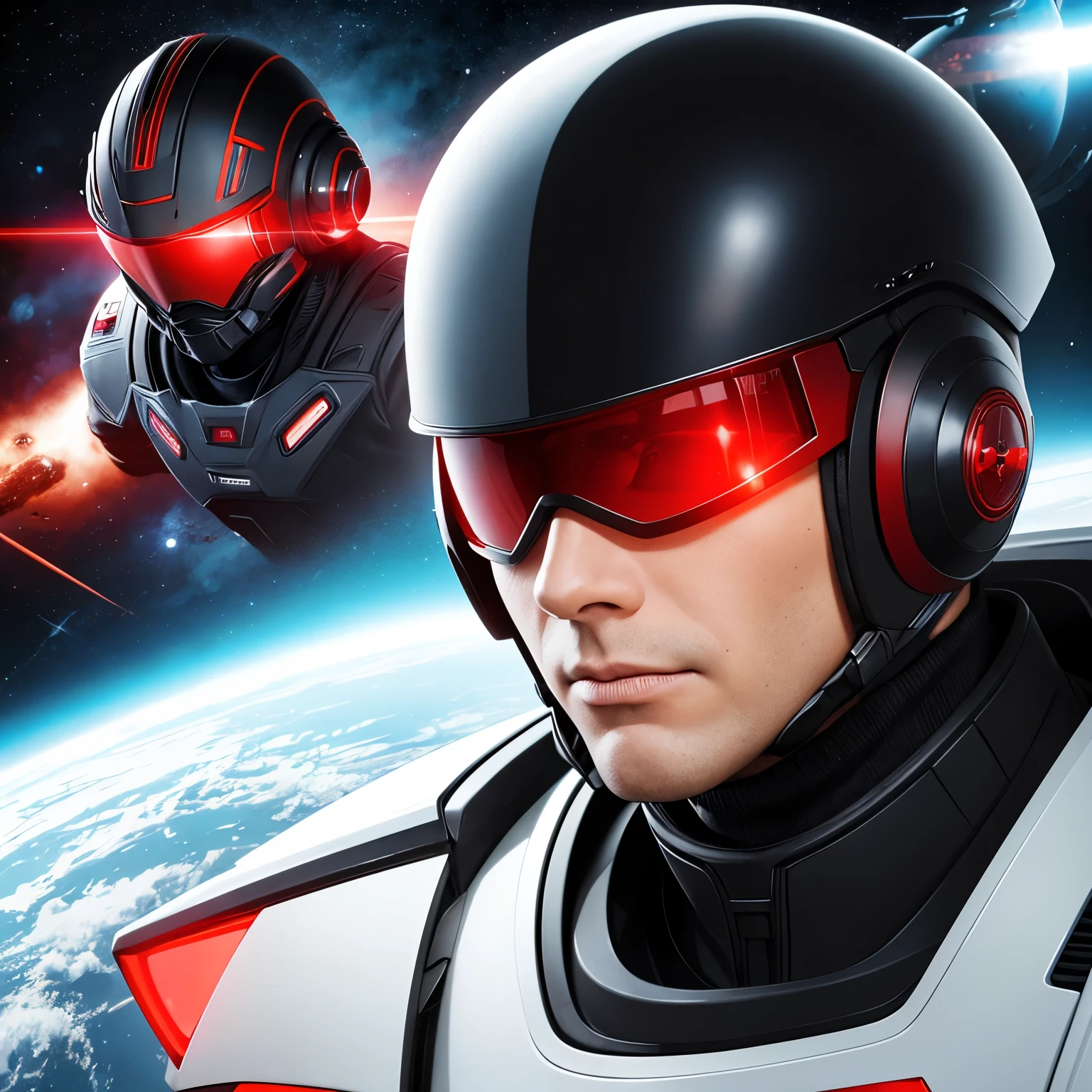 Character with black helmet and red sci-fi visor wearing space police uniform