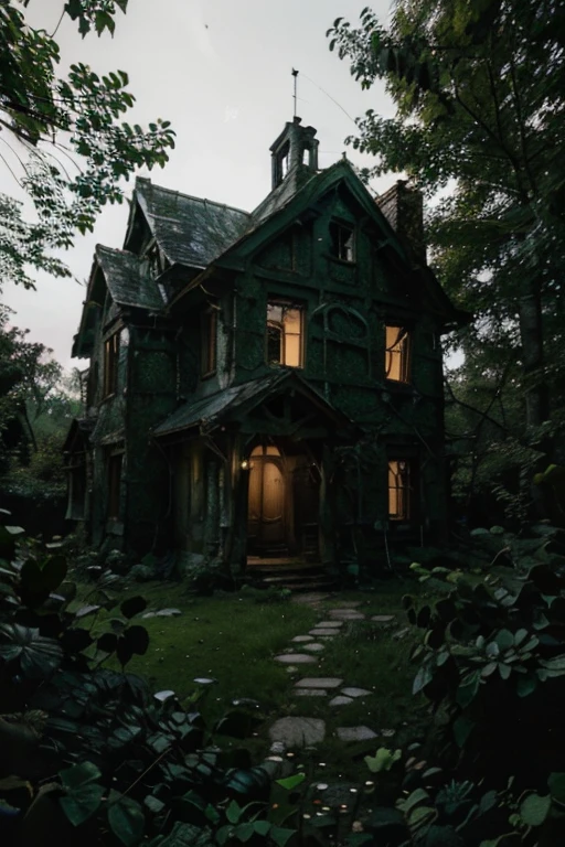 A haunted, ancient house stands deep within Silent Forest, surrounded by towering, shadowy trees. The forest is eerily quiet, with no sounds of wildlife or rustling leaves, as if nature itself is holding its breath. Despite the desolate surroundings, a faint, warm light glows from the house's windows, casting eerie shadows on the dense foliage. The house, with its cracked walls and overgrown garden, looks both out of place and mysteriously inviting. Local legends speak of spirits haunting the house, and the enigmatic light beckons you to uncover its secrets. The air is thick with suspense and a chilling breeze whispers through the trees as you approach.