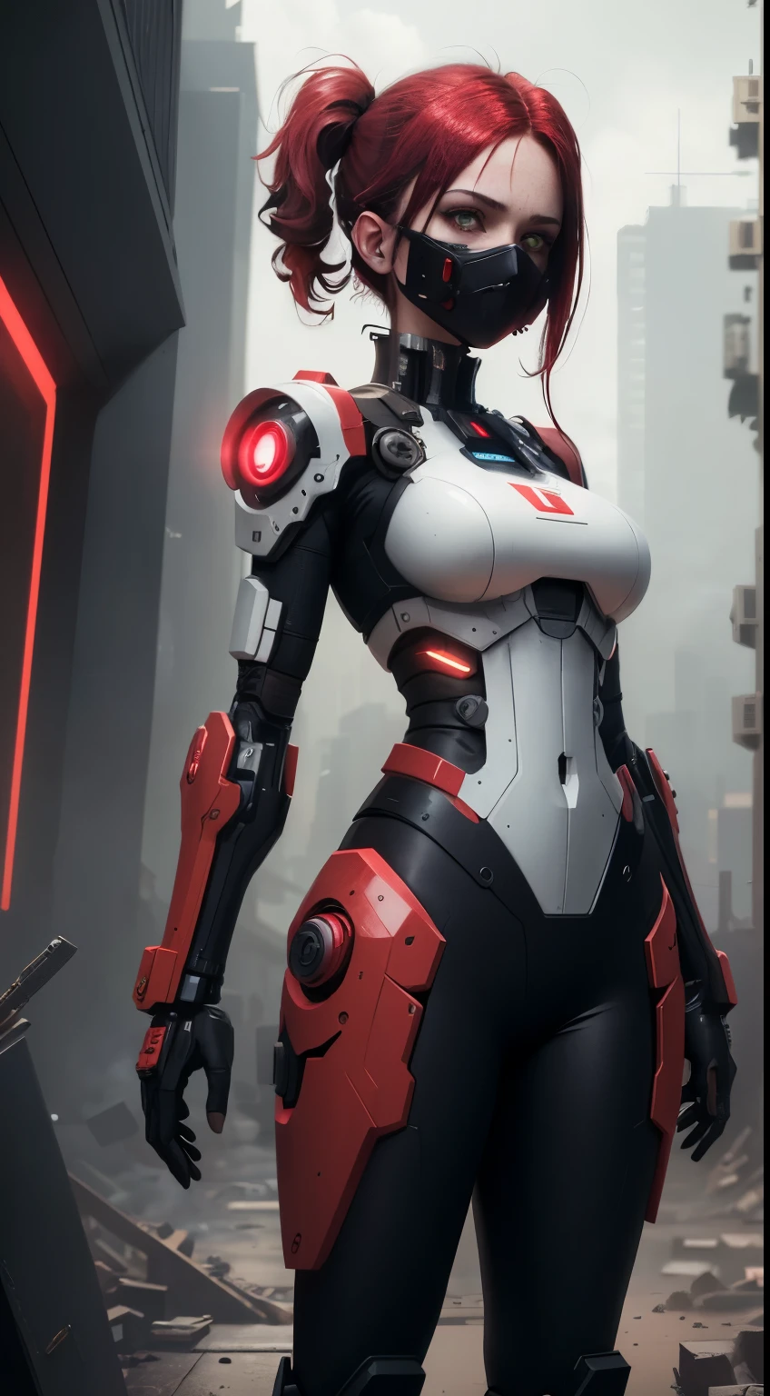 This is a super detailed CG Unity 8k wallpaper, high-resolution and top quality in cyberpunk style, Black and red are the predominant. In the photo, Beautiful girl with short, white, unkempt hair, Delicate face, Wearing a steam mecha mask, Standing on the ruins, There's a giant robot behind her, Action of a woman holding a heavy sniper rifle,