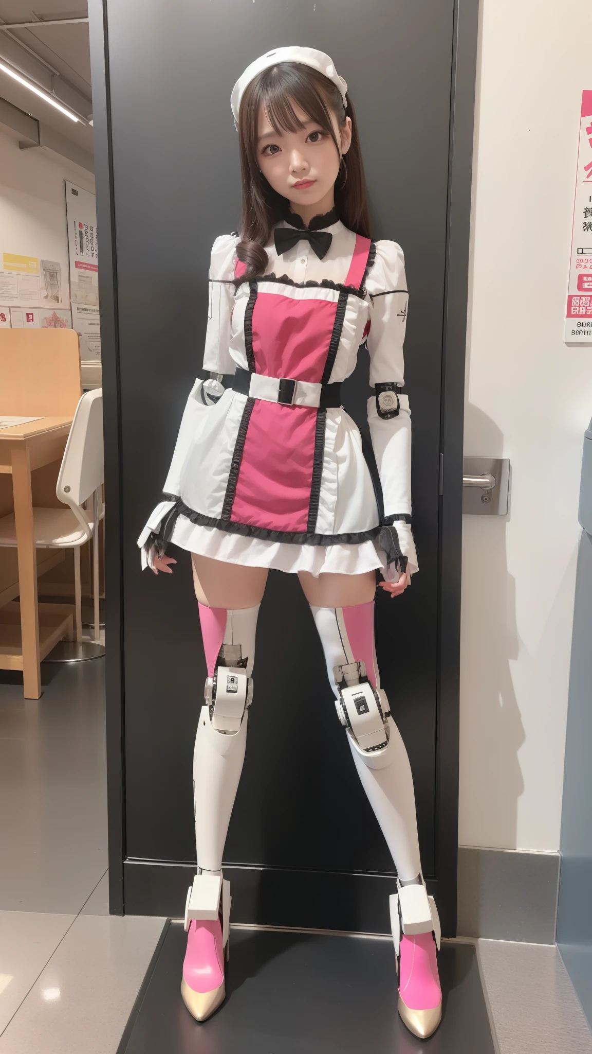 promo photo, waitresses, Gothic Lolita half costume and maid costume, Clothes based on white and pink, robot