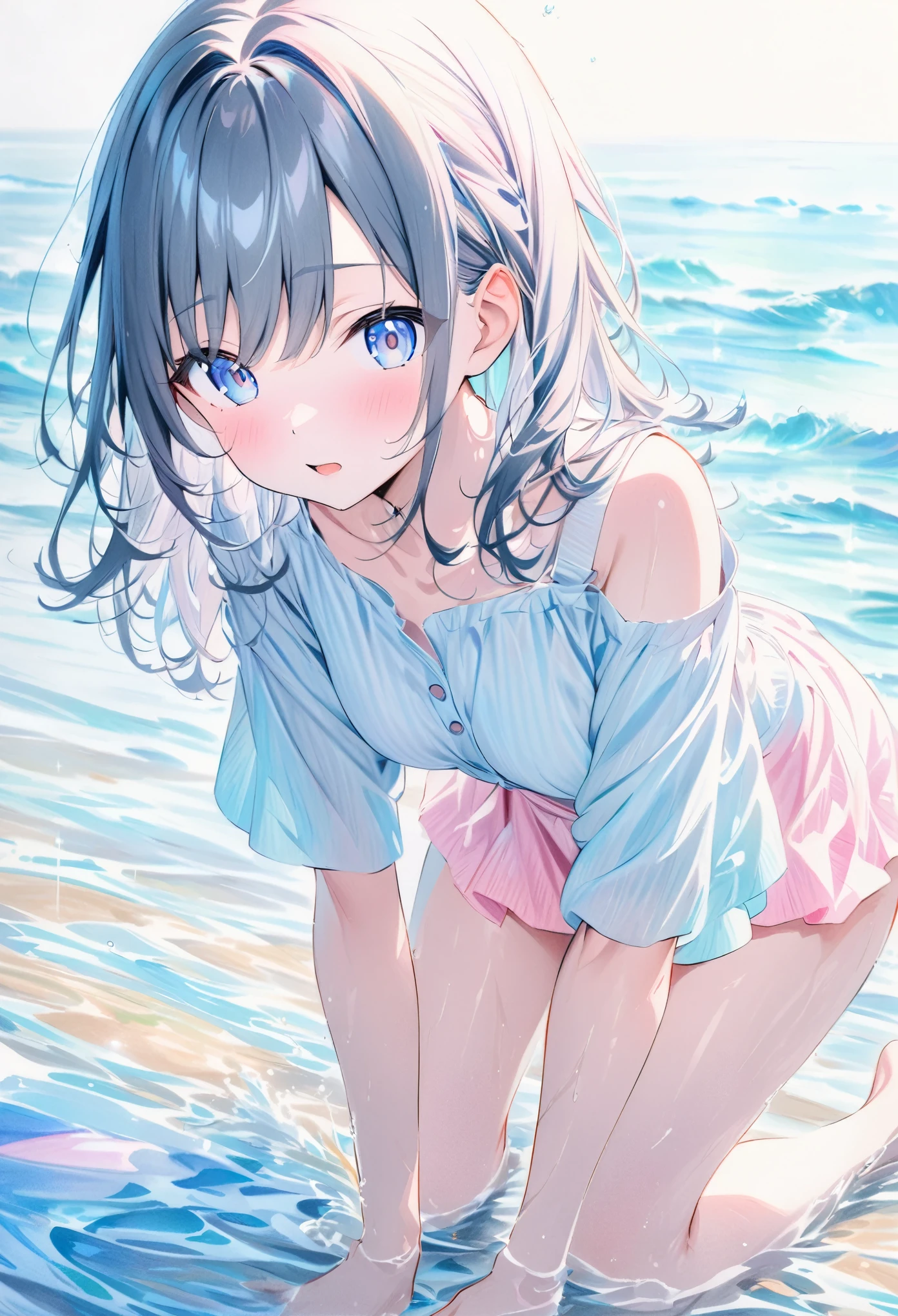 ((style:colored pencil,Pale colors)),(masterpiece:1.2),(anime),Riverside、Water Play、girl、cute、sunlight、summer