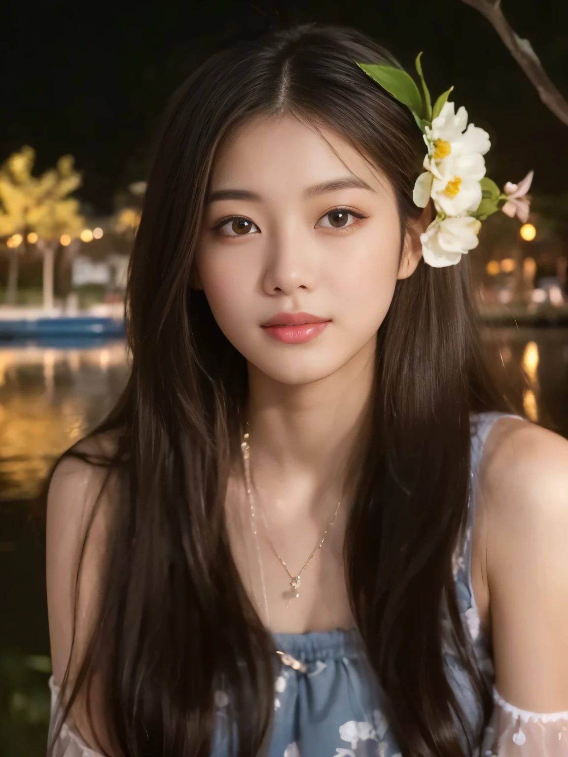 a close up of a woman with a flower in her hair, Cute young man with sweet Asian face, Jenny Blackpink, beautiful korean women, van'Your Korean face is so cute, the most beautiful chinese models, Chinese woman, Southeast Asian with a round face, prodigy chen, หญิงkorean girlที่งดงาม, korean girl, cute young korean face, Your face was like an orchid., หญิงkorean girlที่สวยงาม