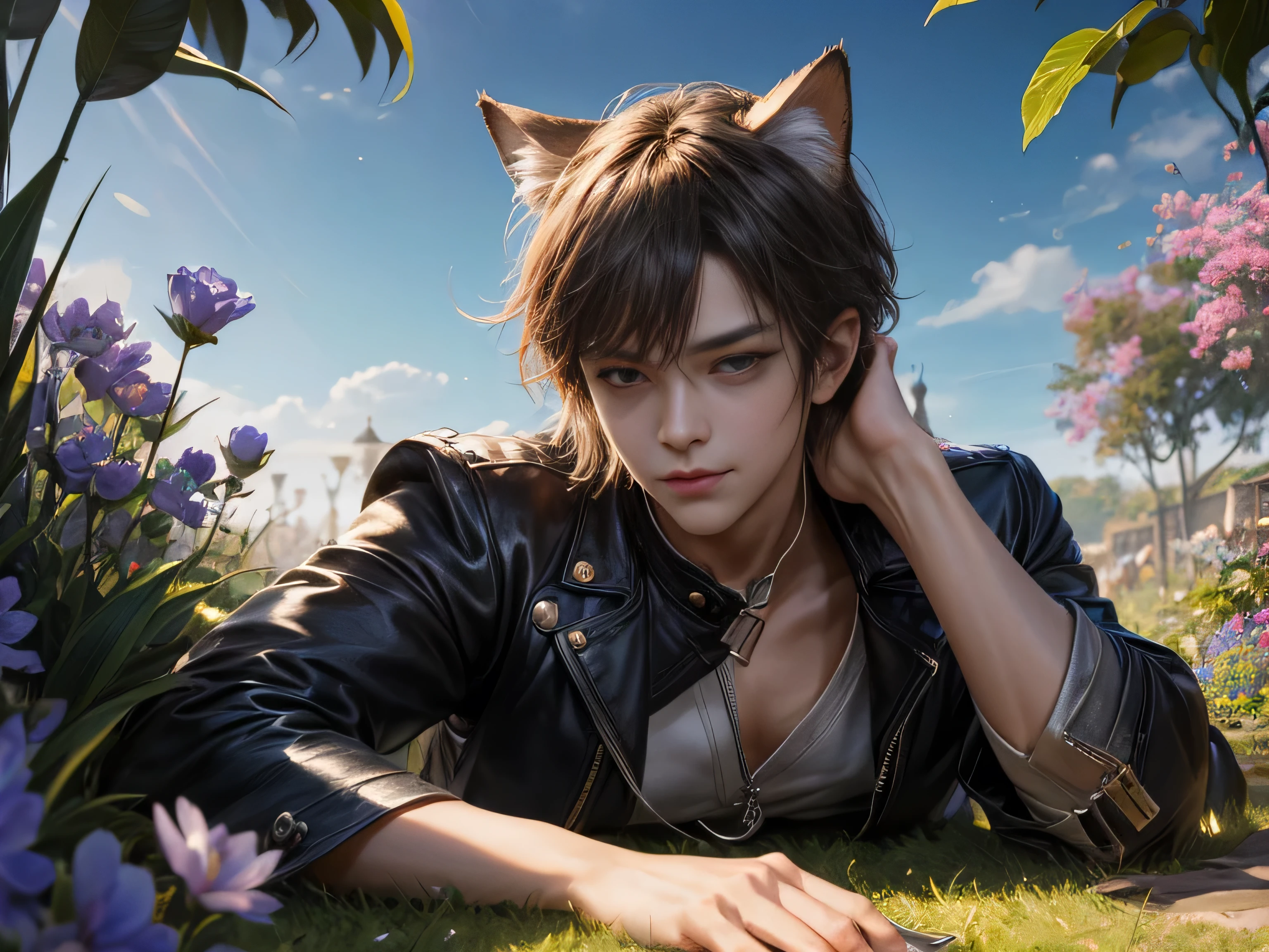 (Best Quality, 8K, Masterpiece, HDR, Soft Lighting, Picture Perfect, Realistic, Vivid), There is a garden with blue and pink flowers, a handsome man with cat ears is lying on the grass, he has beautiful gray eyes and a kind smile, black hair, he has a naked torso with a perfect body and black leather pants with combat boots, he strokes little cute foxes lying on his chest, male, cute man, blue eyes, cat ears, neko, pumped up body, smile, (ultra high quality fantasy art, majestic fantasy style, masterpiece, ultra high quality male character design, 8k quality anime art, realistic anime art, highest quality wallpaper illustration, detailed ultra high quality accurate male character face, high quality design and accurate physics, male character) (ultra high quality fantasy art, dark fantasy style, masterpiece, ultra high quality character design, 8k quality anime art, realistic anime art, highest quality wallpaper illustration, detailed ultra high quality face precision, high quality design and accurate physics), color difference, depth of field, dramatic shadows, tracing rays, Best quality, Highly detailed computer graphics, 8K wallpapers, [Carefully rendered hair [More about beautiful and shiny hair]] ,(Perfect hand detail [Beautiful fingers without breakage [Beautiful nails]],(Perfect anatomy (Perfect proportions)) [ [Resembles the whole body]],[Perfect color combination (Accurate simulation of the interaction of light and material)], [Visual art that conveys the meaning of the story]