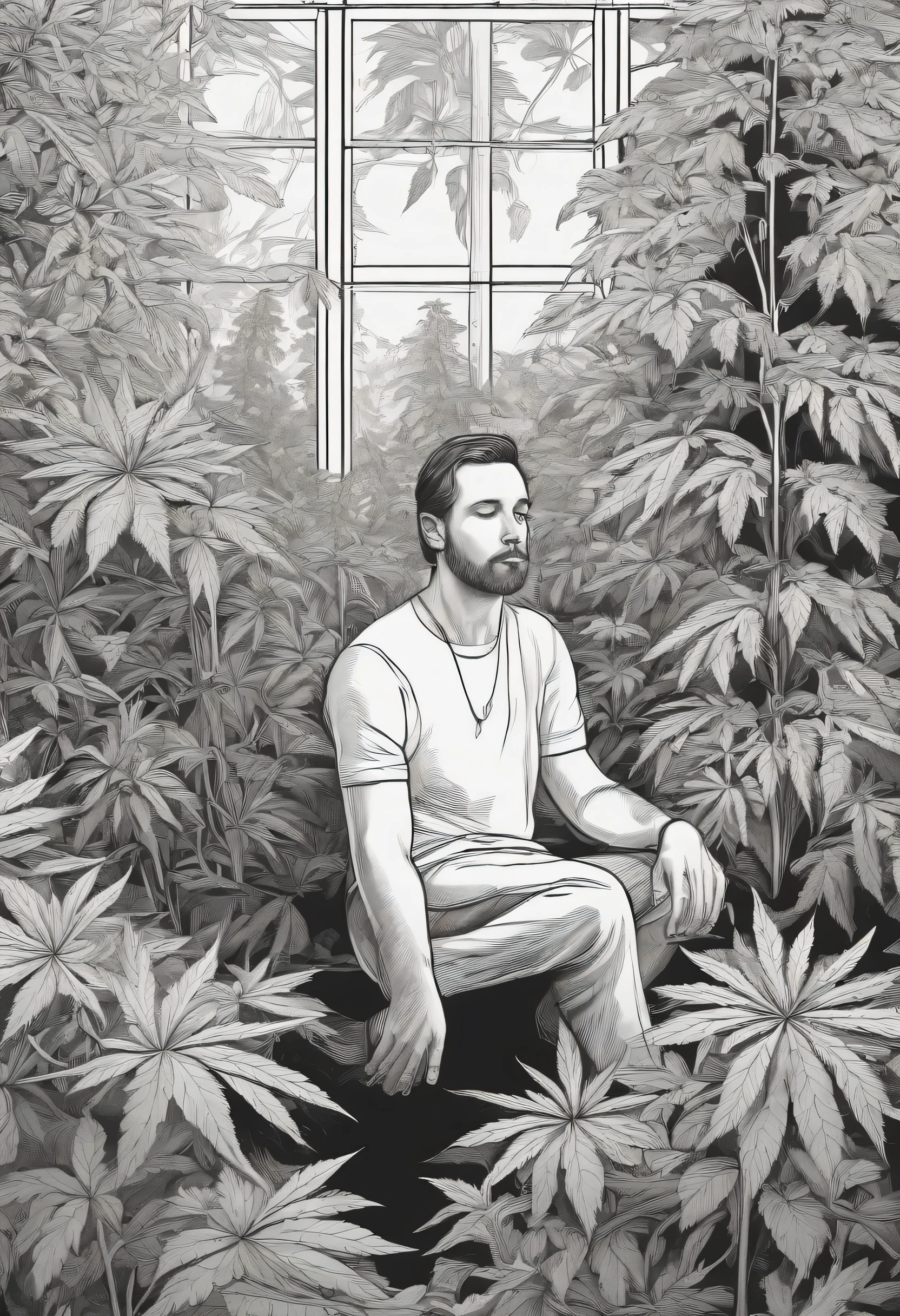 a man sitting in a garden surrounded by cannabis plants, detailed line art, intricate botanical illustrations, high contrast black and white, clean precise linework, minimalist, botanical study, chiaroscuro lighting, natural organic textures, digital illustration