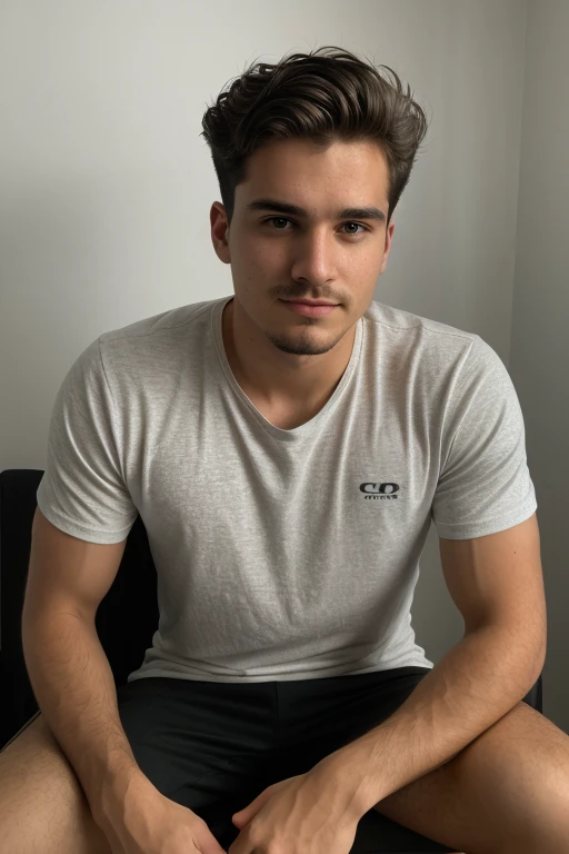 ((1 guy)) (white guy) wearing a black shirt, with a tattoo on his neck, manly (sitting on a chair in a formal manner, with his body forward and looking at the camera as if he were participating in an online meeting) , very detailed, 18 years old, natural wave hair, brown eyes, ((short facial hair)), high resolution, Artwork, best quality, intricate details, highly detailed, sharp focus, detailed skin, realistic skin texture , texture, detailed eyes, Professional, 4k, shot on Canon, 85mm, Shallow depth of field, kodak vision color, perfectly shaped body, extremely detailed, photo_\(ultra\), photorealistic, realistic, post-processing, detail maximum, roughness, real life, ultra realistic, photorealism, photography, 8k hd, photography (film grain) ((medium shot atmospheric dark lighting))