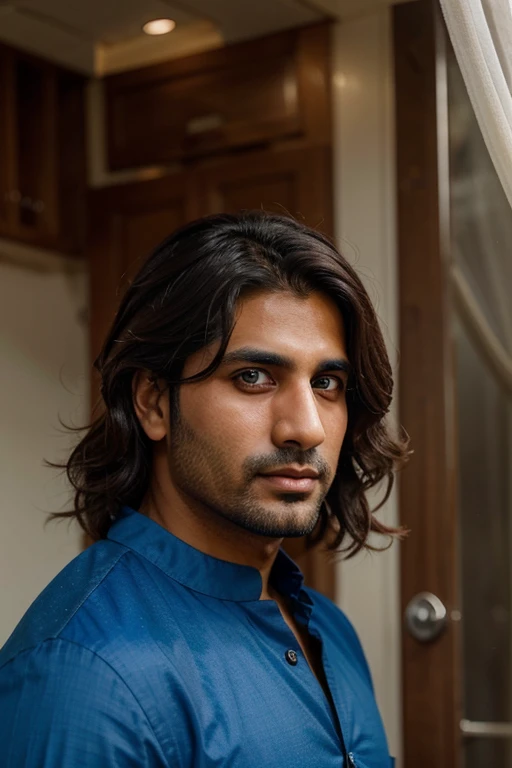 Handsome pakistani man, 35 years old, shoulder-length wavy hair, bright blue eyes