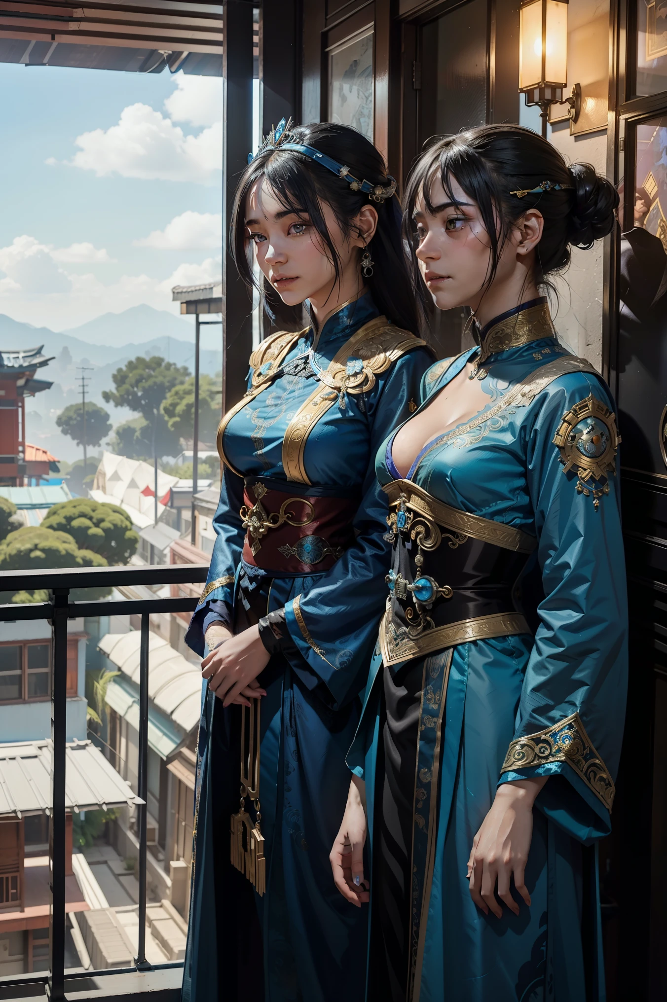 two women in costumes are standing in a room, as lady mechanika, static Prometheus frame, blue body paint, cyberpunk ornaments, Aztec Empress, cinematic details, guards, balcony scene, solarpunk, by Leon Wyczółkowski, sisters, Japanese cgi, Kazakh empress, character close-up