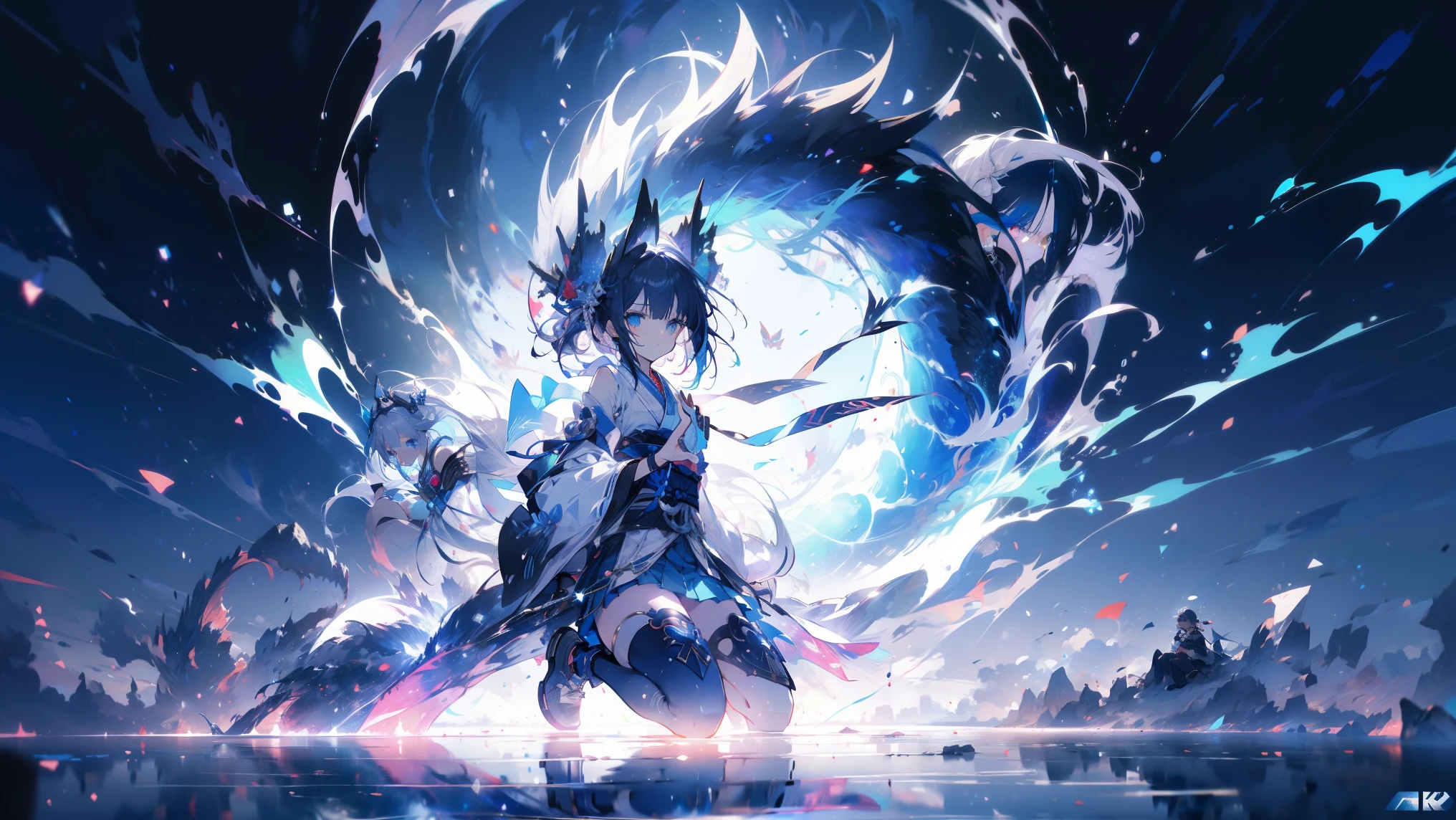 Anime Figures，Has black wings and a blue skirt，Kneel and sit on a white surface, View your viewers, Panoramic View, Vision, Beginning with the night of the ark, artstation Popular topics on pixiv, Arc Knight, Digital art on pixiv, (White background), onmyoji detailed art, Japanese anime fantasy illustration, author：hero, Anime Art Wallpapers 8K, Sky Witch, pixiv style, anime art wallpaper 4k, anime art wallpaper 4k, Minimum, small,
