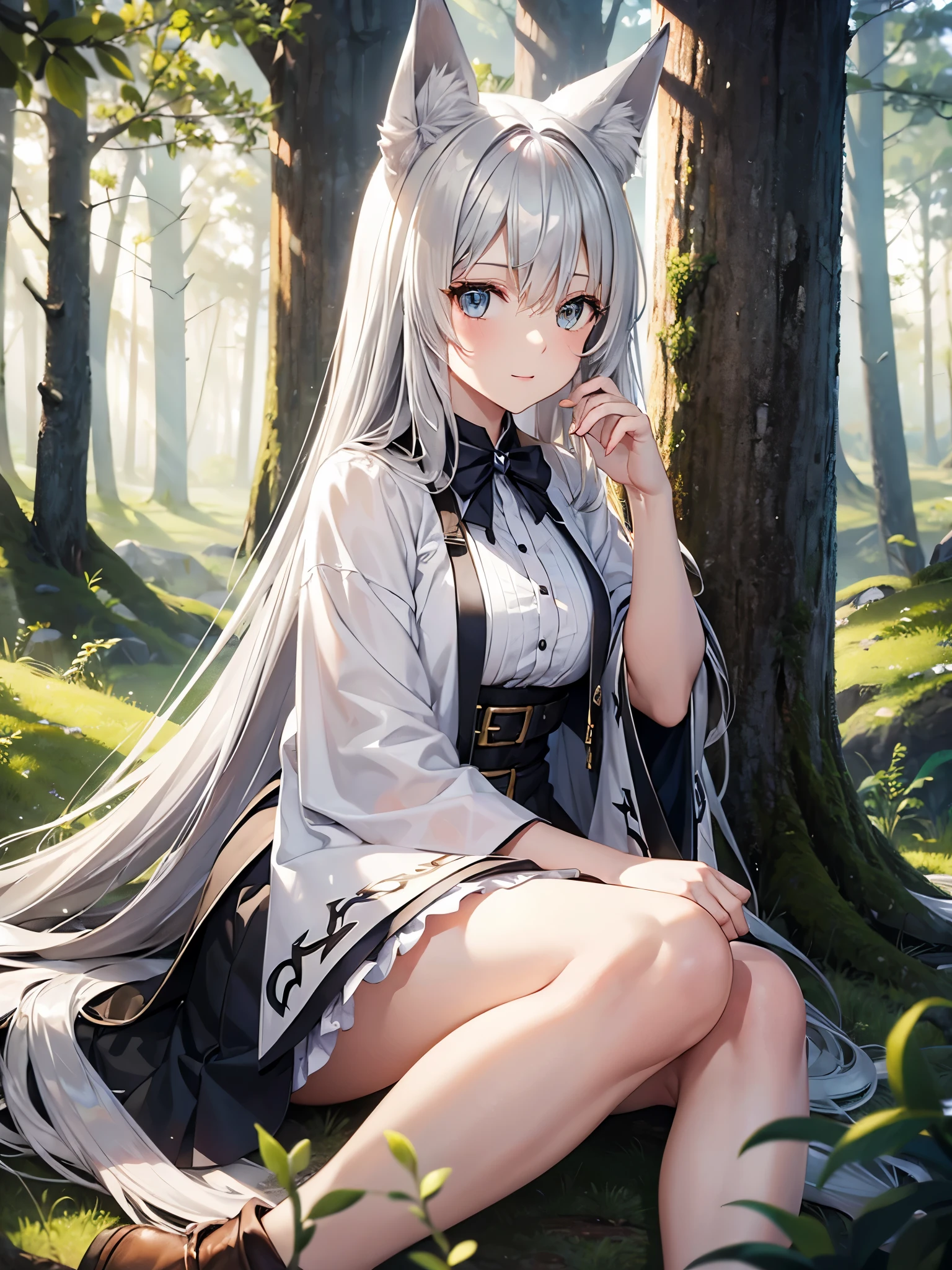 (((best quality))), (((two-tone hair(silver)))), (forest), (physician), cowboy shot, ((shoot from front)), fox woman, white fox ears, white fox tail, long white hair, hair covering the side of the face, sitting on the ground, happy, 1 woman, good light particles, good composition, (FOREST BACKGROUND)