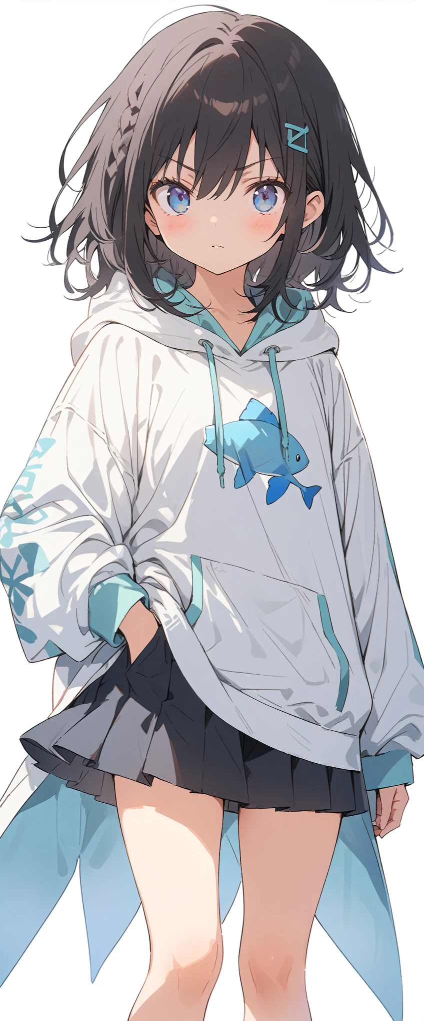 White background、Solid white background、Blank background、just standing girl, only one girl、Full body shot from the front,Ultra-high resolution, highest quality,fish-bone braid hair、Fishbone Hair、Flat Chest、beautiful detailed eyes、black hair、Black hair × Blue eyes、blue eyes、Serious expression、 Plain white hoodie、Black pleated skirt、barefoot