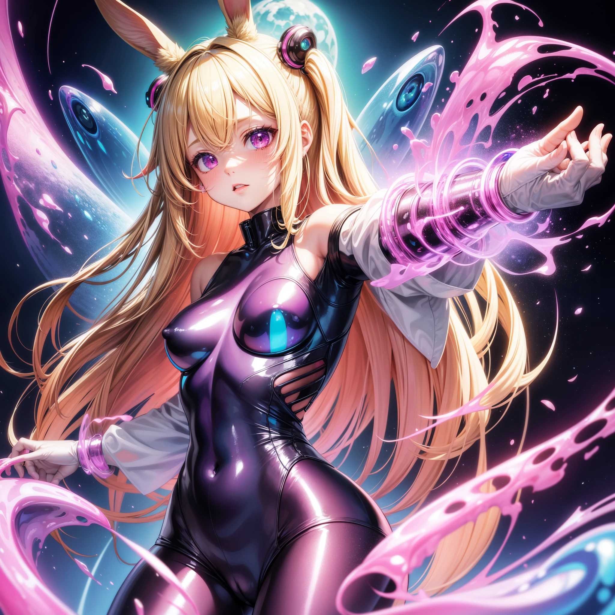 masterpiece, best quality, highres, absurdres, 1girl, blonde hair, pink eyes, rabbit ears, digital, cyber, holographic, iridescent, slime \(substance\),