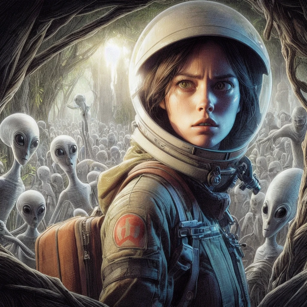 A tense and warry Female Intergalactic Courier [Kaya Scodelario:Sigourney Waver:0.45] with an intense and focused expression, hiding in a shade of alien woods, surrounded by seemingly nice and friendly aliens, with insanely intricate details of alien world background, masterpiece photorealistic color pencil illustration, Don Lawrence Style with Studio Ghibli aesthetic, octane render, ultra high resolution, 8k, best quality