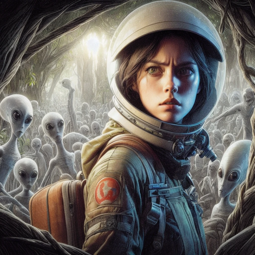 A tense and warry Female Intergalactic Courier [Kaya Scodelario:Sigourney Waver:0.45] with an intense and focused expression, hiding in a shade of alien woods, surrounded by seemingly nice and friendly aliens, with insanely intricate details of alien world background, masterpiece photorealistic color pencil illustration, Don Lawrence Style with Studio Ghibli aesthetic, octane render, ultra high resolution, 8k, best quality