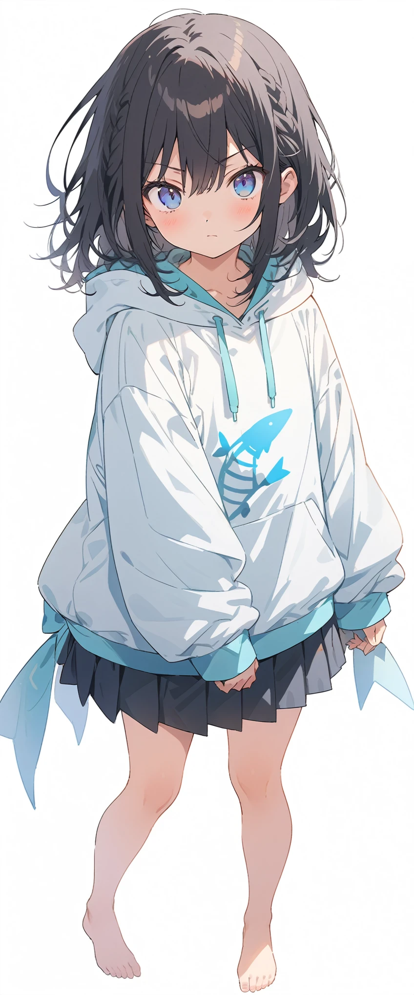 White background、Solid white background、Blank background、just standing girl, only one girl、Full body shot from the front,Ultra-high resolution, highest quality,fish-bone braid hair、Fishbone Hair、Flat Chest、beautiful detailed eyes、black hair、Black hair × Blue eyes、blue eyes、Serious expression、 Plain white hoodie、Black pleated skirt、barefoot