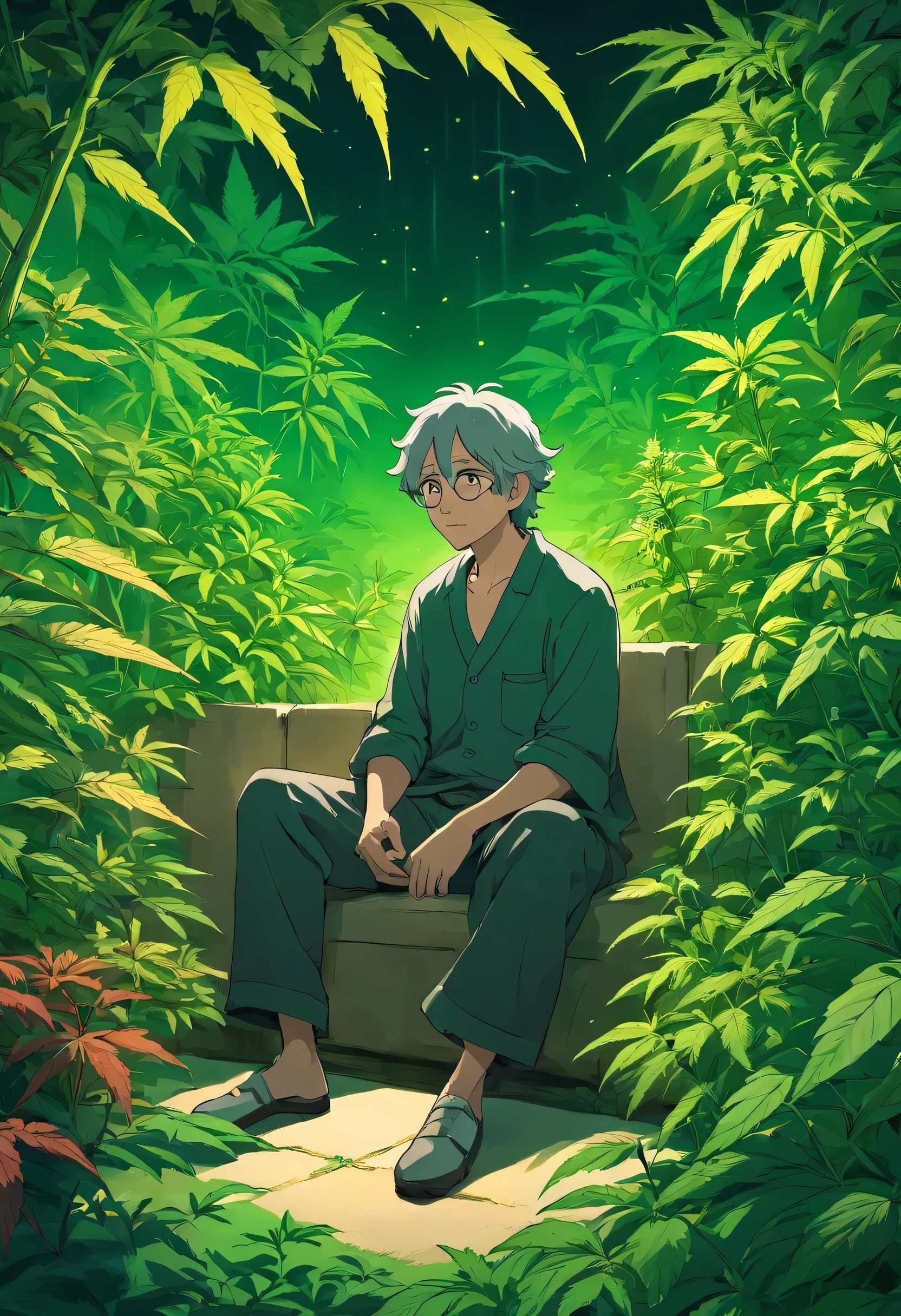 a man sitting in a garden surrounded by cannabis plants, detailed line art, intricate botanical illustrations, high contrast black and white, clean precise linework, minimalist, botanical study, chiaroscuro lighting, natural organic textures, digital illustration
