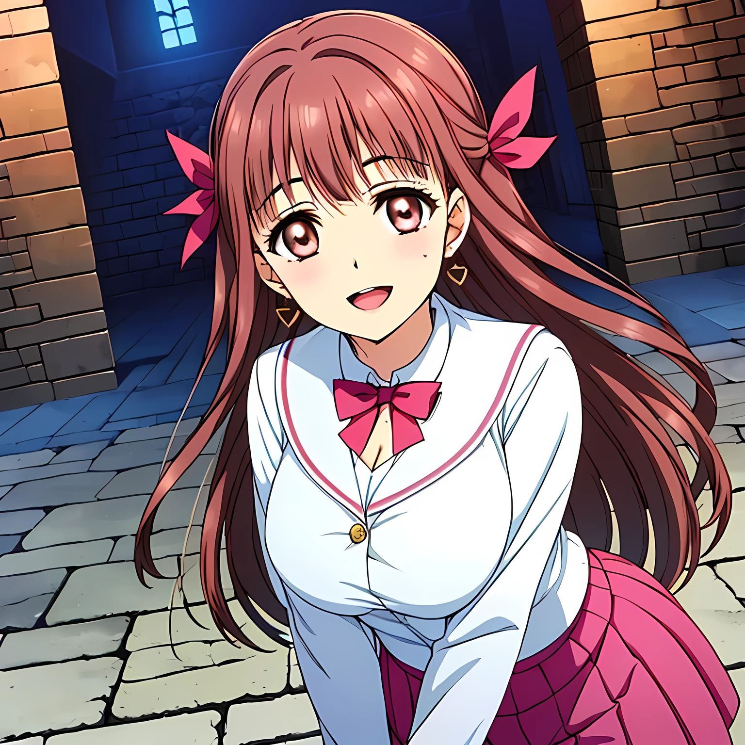 highest quality, (masterpiece:1.2), Very detailed, (((Game CG))), ((((Beautiful succubi in the form of very noble and elegant young ladies wearing pink school sailor uniforms.)))), ((The girl everyone loves)), (((Very beautiful, flaxen, wavy, long hair))), ((((A neat and tidy sailor suit in peach and pink)))), (((Pink blouse))), ((((A neat, deep pink long pleated skirt)))), ((Her eyes are so beautiful and sparkling, they seem so dazzling.)), ((Huge ribbon bowtie on chest)), ((A refined and elegant look like a noble princess)), (((Beautiful and great smile))), ((The viewers feel a different level of happiness.)), ((Very noble and elegant face)), ((Slender and shapely breasts)), ((laughing at me)), Heart-shaped gold hair ornament and earrings, ((The elegant, slightly open mouth and glossy lips of an anime heroine)), ((A palace at the bottom of a dark, deep dungeon))