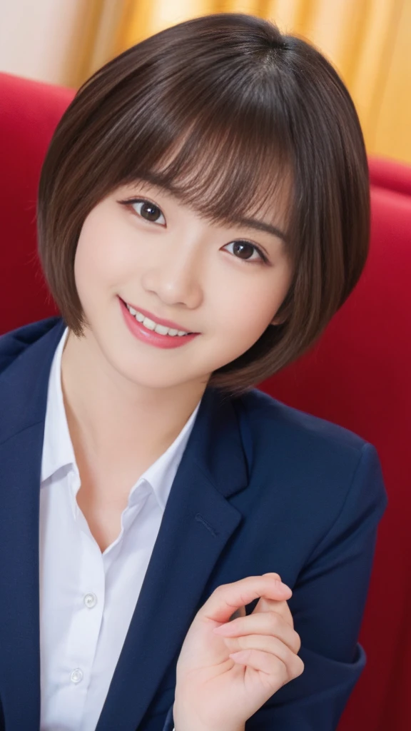 1girl, closeup portrait, Ultra young Japanese woman, navy blue business suit, slim fit, incredibly cute, very short hair, big smile, beautiful detailed eyes, beautiful detailed lips, extremely detailed face, long eyelashes, innocent, artless, natural makeup, (best quality, 4k, 8k, highres, masterpiece:1.2), ultra-detailed, (realistic, photorealistic, photo-realistic:1.37), professional, vivid colors, studio lighting