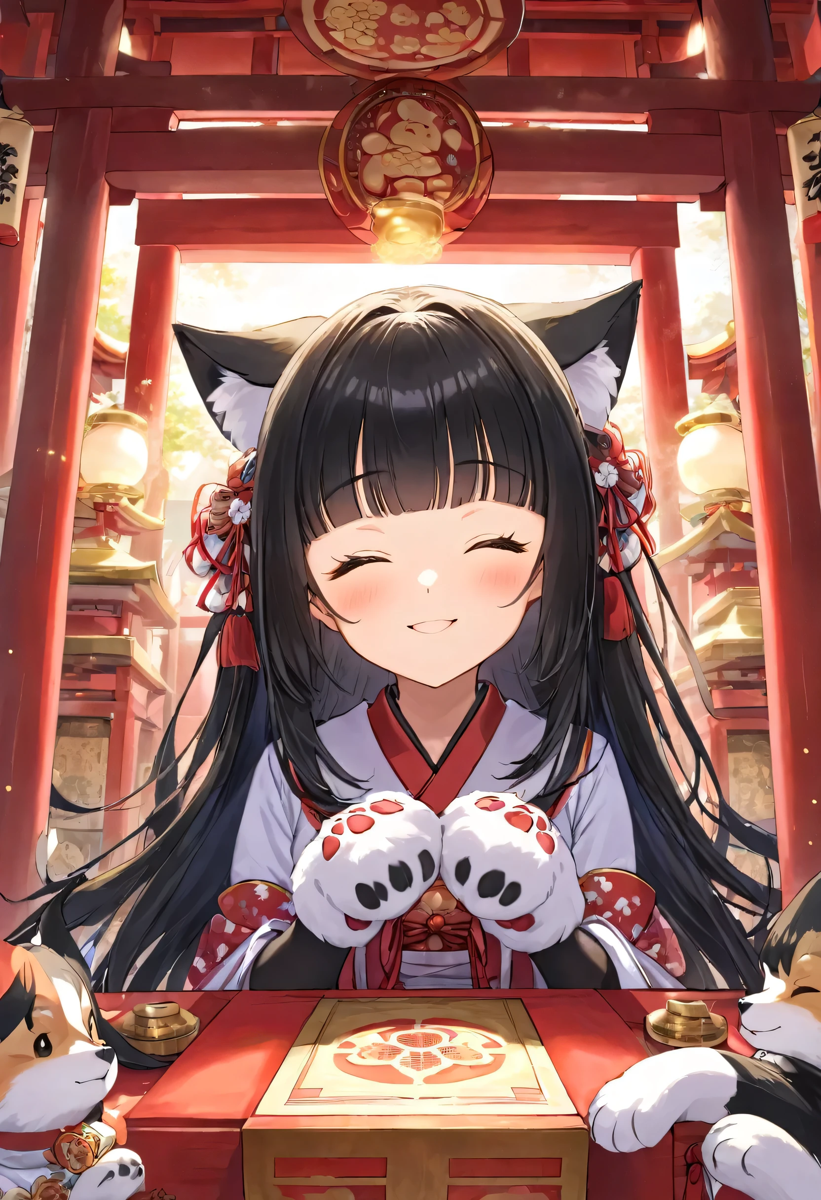 (both hands are Paw Gloves) (hair accessory is paw hairpin) (solo blunt bangs black hair long hair with paws cute girl, lovely closed eyes, love smile, head with fox paws, fox ear), (in a shrine maiden clothes), break, perfect anatomy, masterpiece, best quality, 16k, beautiful detailed grow, daydreaming expression 