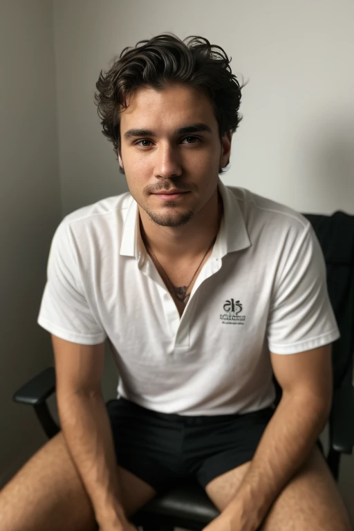 ((1 guy)) (white guy) wearing a black shirt, with a tattoo on his neck, manly (sitting on a chair in a formal manner, with his body forward and looking at the camera as if he were participating in an online meeting) , very detailed, 18 years old, natural wave hair, brown eyes, ((short facial hair)), high resolution, Artwork, best quality, intricate details, highly detailed, sharp focus, detailed skin, realistic skin texture , texture, detailed eyes, Professional, 4k, shot on Canon, 85mm, Shallow depth of field, kodak vision color, perfectly shaped body, extremely detailed, photo_\(ultra\), photorealistic, realistic, post-processing, detail maximum, roughness, real life, ultra realistic, photorealism, photography, 8k hd, photography (film grain) ((medium shot atmospheric dark lighting))