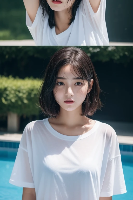 Ulzzang-6500-v1.1,Browsing Caution, (RAW Photos:1.2), (Photorealistic), Beautiful detailed girl, Very detailed目と顔, Beautiful and fine details, Large file size, High resolution, Very detailed, highest quality, [masterpiece:1.6], Awareness-raising, Very detailed, Hmph, In detail, highest quality, 4K wallpaper, Cinema Lighting, One Girl,Japanese、19 years old, Perfect figure, Large firm breasts、【huge 、Heavy chest、J Cup:1.9】、Cute droopy eyes、Beautiful big eyes、Sweaty and wet、【sexual excitement:1.8】、(The whole body is wet:1.2)、Light in your eyes、short hair、high school girl、Pool、Dynamic Pose、（Oversized T-shirt、See-through T-shirt、Wet T-shirt：1.3）The figure visible through the T-shirt