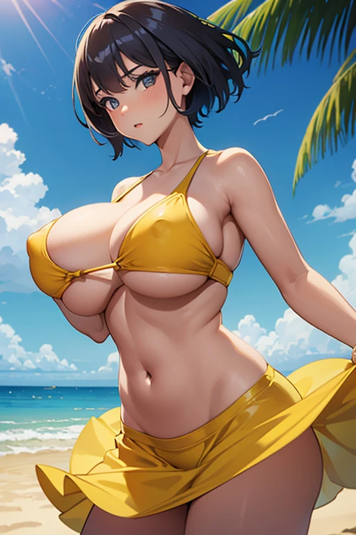1voluptuous  girl, 25 years old, very sexy body, she's standing watching at se sea, sexy posture, huge tits, turgid nipples,  Wearing a short and very low-cut floating yellow dress, in a windy sunny day at the beach, ((masterpiece))