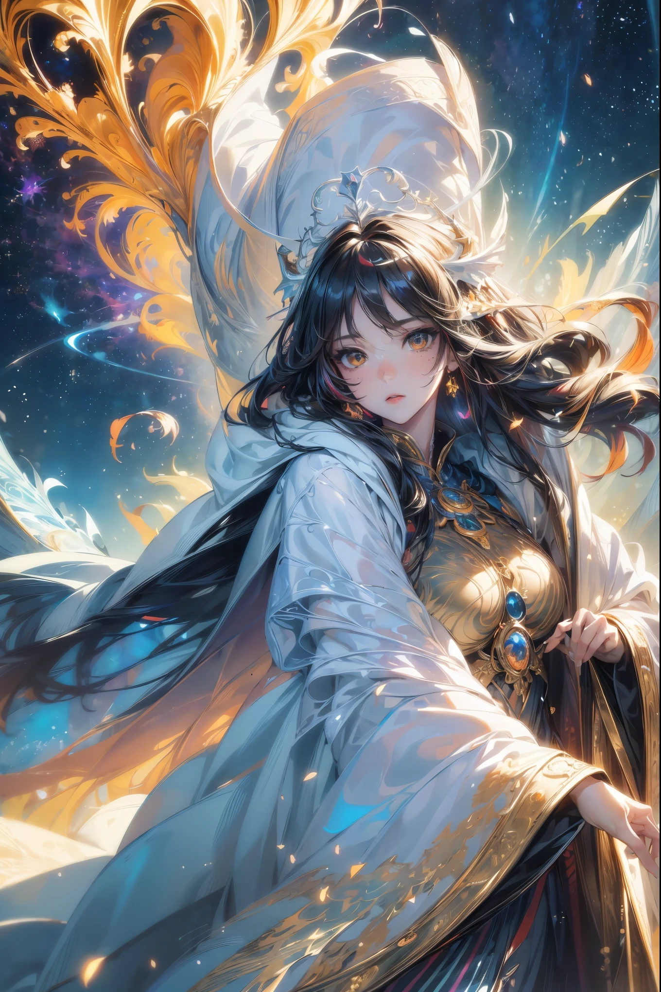 (masterpiece, Top quality, best quality, Official Art, beautiful and aesthetic:1.2), (1 Girl), Extremely detailed eyes, (Fractal Art:1.3), rich and colorful, The most detailed, (Perfect face), shiny skin, HDR, (white cloak golden lines:1.2), galaxy, (Light streaks), Eye-Catching Visuals, (Dynamic Stripes, Luminous trails:1.2), Vibrant colors, (Phoenix), (dragon)