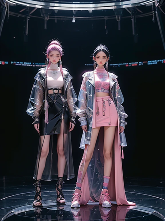 highest quality, Very detailed, masterpiece, Two women posing,(((Perfect female body))),Very beautiful face, Very beautiful body,Gentle expression, Very beautiful eyes,(Perfect Makeup:1.1),Fashion Model,Cyberpunk Fashion,Curly Hair,Shaggy Hair,pink and blue hair:1.3, very thin body,Smart Abs,Monogram pattern,Gradation,(Fractal Art:1.3),Techwear See-Through Jacket,Monogram patternスカート,Two-tone high-top sneakers,A kind smile,Full body portrait,(Night in Cyber City), (Shiny skin),(Earrings),Long scarf with elegant pattern,Neon long shawl,