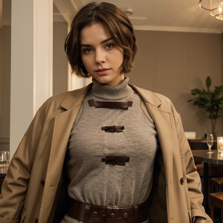 Female face with short tomboy hair hot body detective outfit in café au lait color on overcoat