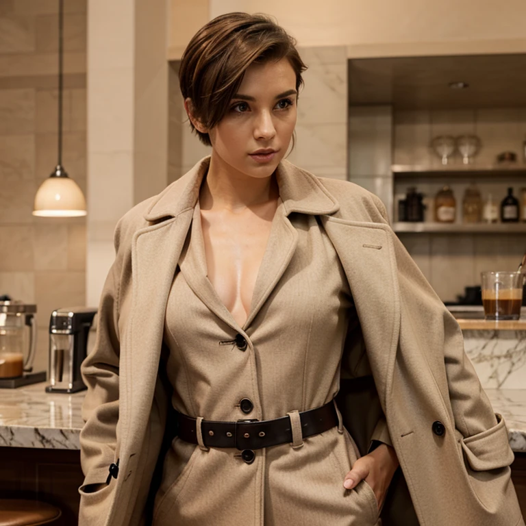 Female face with short tomboy hair hot body detective outfit in café au lait color on overcoat