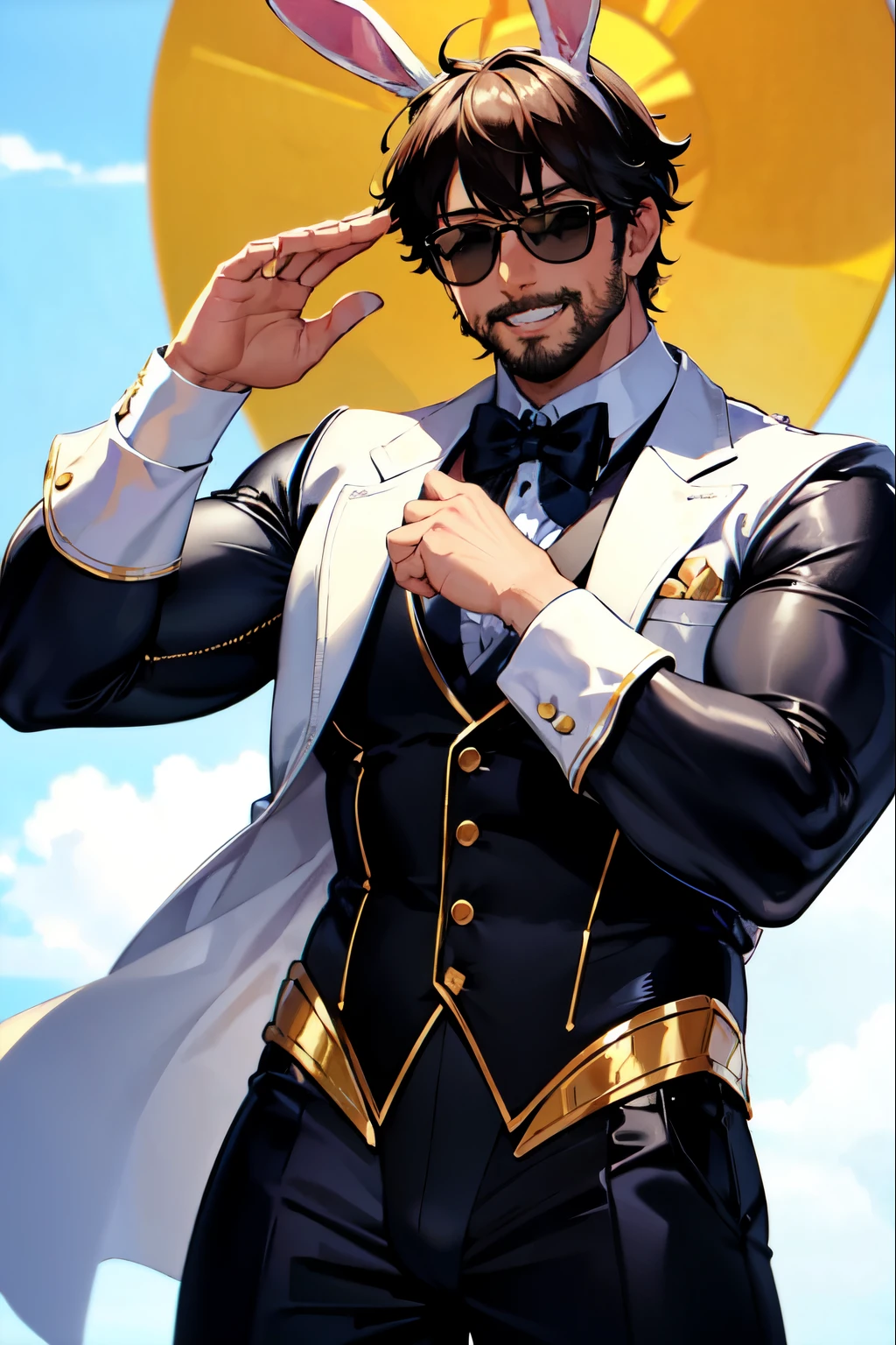 Highest Quality, masterpiece, unbelievably beautiful, very delicate 8k wallpaper, (muscle uncle), bodybuilder, (tanned skin), Sweat, refreshing smile, closed eyes, Bunny ears, black enamel leotard, wrist_cuffs, bowtie, cowboy_shot, bald, white beard, sunglasses,