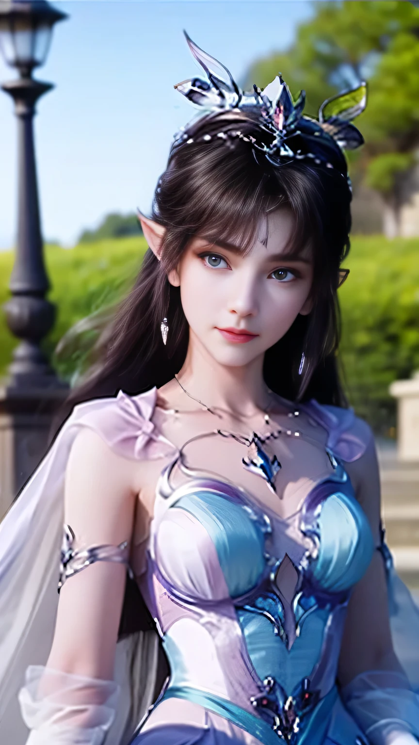 8k, masterpiece, a close up of a woman in a blue dress, a beautiful fantasy empress, beautiful fantasy maiden, fantasy art style, trending on cgstation, beautiful and elegant elf queen, beautiful maiden, shining skin, intricate ornate anime cgi style, ((a beautiful fantasy blue empress)), beautiful alluring Realistic woman, shining skin, in the park, sun shining, Realistic shadow, ((front body pose)), sitting,