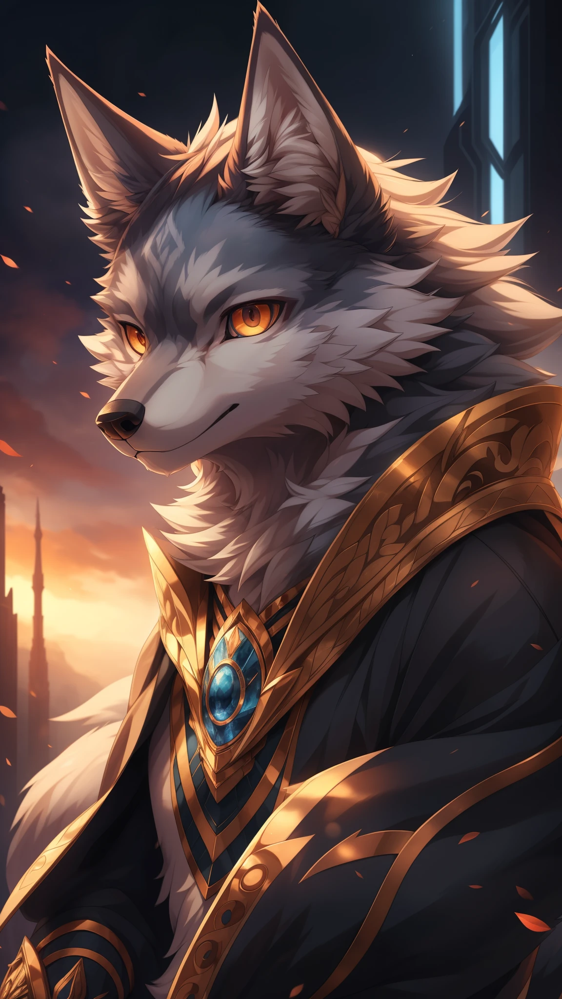 Very beautiful fur art, Fursona Art, fur art, Ethereal, Highly detailed, eye-catching detailed art style, Fantasy Portrait, Detailed anime art, wallpaper 4k, (wolf:1.5), (fox colored fur:1.25), Very captivating, Official Art, (masterpiece), (Ultra fine), Perfect hands, Very captivating, Perfect Anatomy, high quality, (alone), Familiar, (Beautifully detailed portrait of a personified), Shining Eyes, (The background is future city), 8K High Resolution, Correct Anatomy, personification, king, (Slim figure), Depth of written boundary, Perfect lighting, (Hyper Detail), Sharp Focus, Real, kind, Bright Eyes, (Very mature)